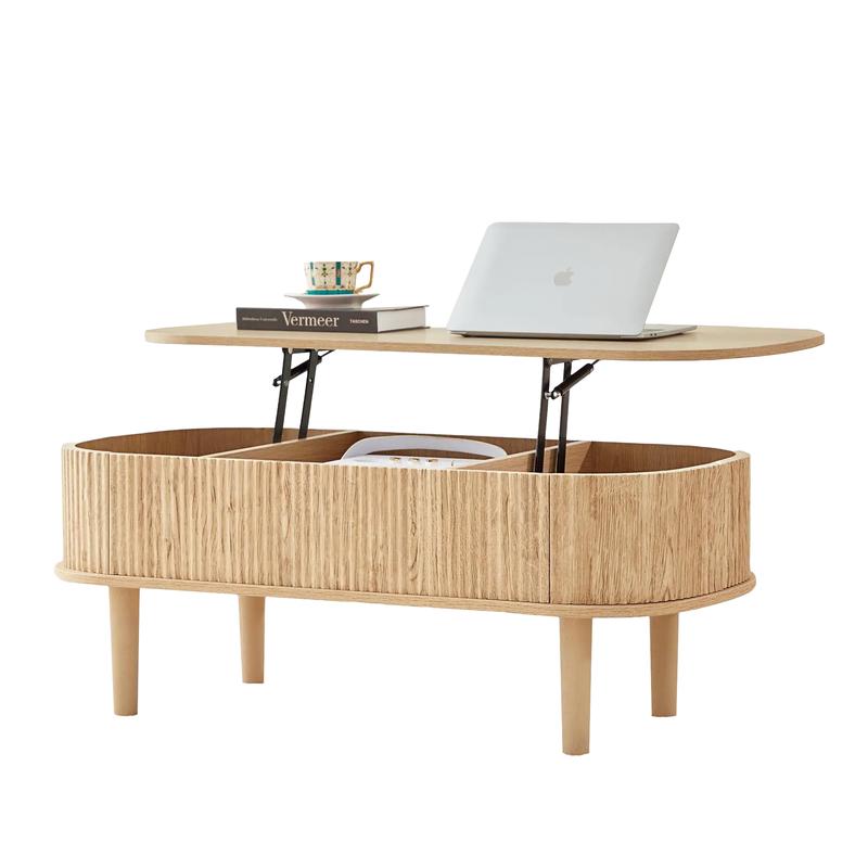 Giratree Fully Assembled Wooden Center Table, Fluted Lift Top Coffee Table with Hidden Compartment, Modern Oval Lift Tabletop for Home Living Room Office