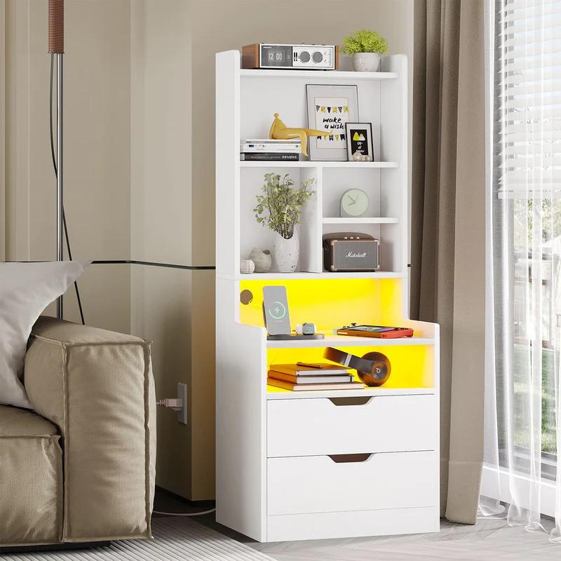 Sikaic LED Nightstand With Bookshelf Charging Station Furniture Drawer Bedroom Table Home Organize Study Minimal Interior Power Outlets