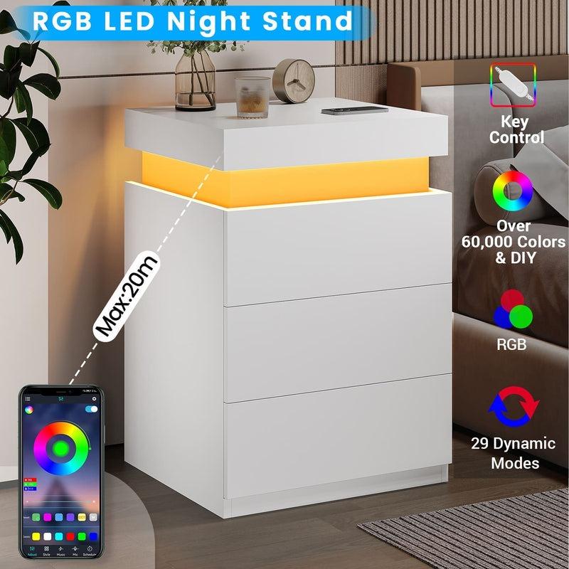 Sikaic Nightstand With Sliding Top Charging Station And LED Lights Furniture Bedroom Modern Design Bedside Table Drawer Home
