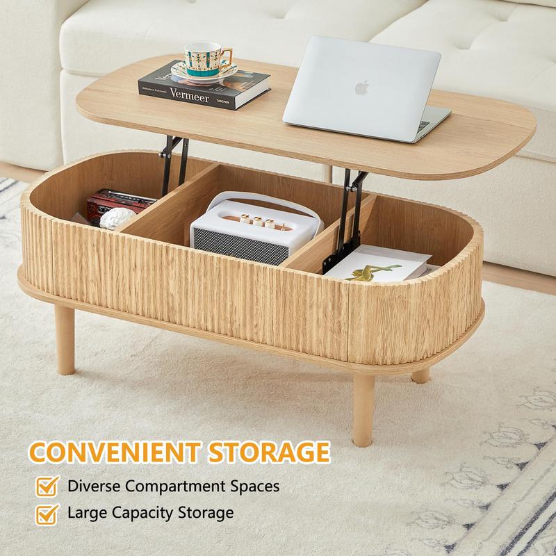 Giratree Fully Assembled Wooden Center Table, Fluted Lift Top Coffee Table with Hidden Compartment, Modern Oval Lift Tabletop for Home Living Room Office