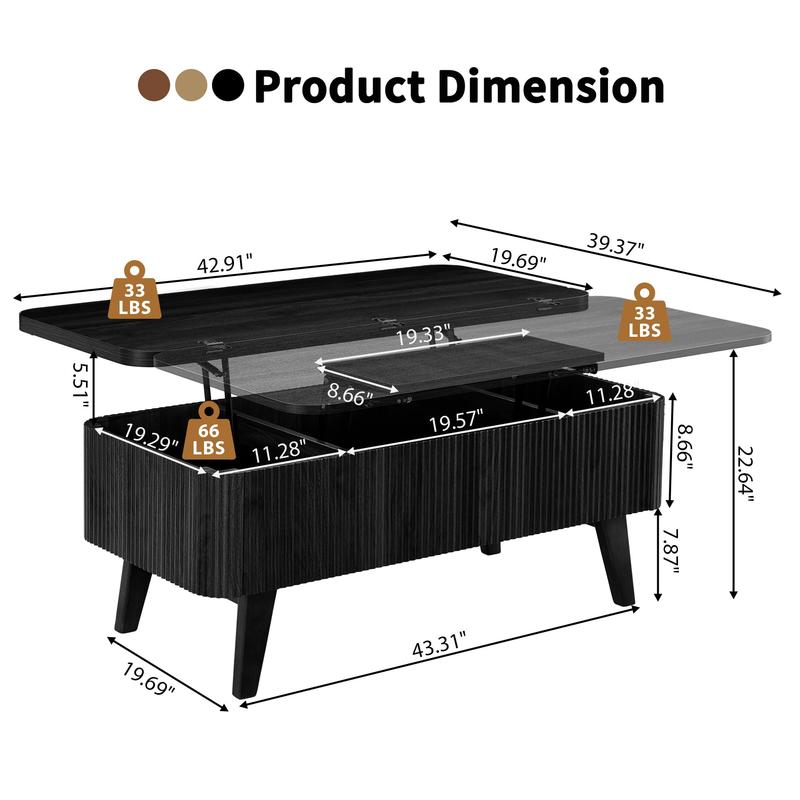 Giratree Fully Assembled Wooden Center Table, Fluted Lift Top Coffee Table with Hidden Compartment, Modern Oval Lift Tabletop for Home Living Room Office