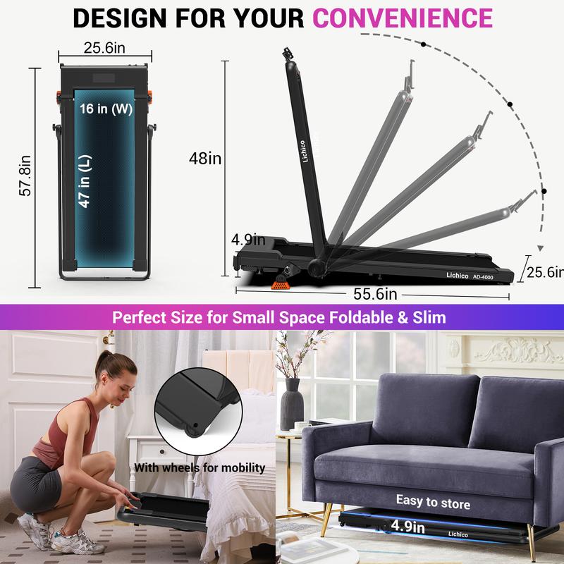 8.7MPH LICHICO Treadmill with 4-Level Incline, Flat/Incline Modes, Remote Control, Quiet Motor, Stable 2-in-1 Running Machine for Home & Office Fitness