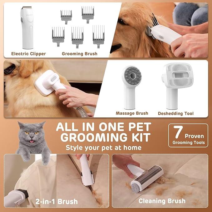 Homeika Dog Grooming Vacuum Kit - 3L Vacuum with 7 Tools, Low Noise Electric Clipper and Brush for Pet Shedding at Home