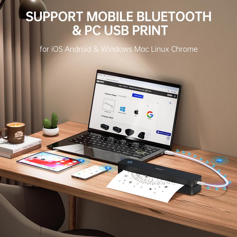 Inkless Portable Printer, Wireless Bluetooth Thermal Printer for Travel & Mobile Use, Compatible with iOS, Android, Laptop, Supports 8.5