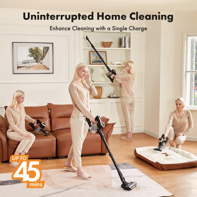 Homeika newly upgraded Trucozie T350 cordless vacuum features an 8-in-1 lightweight design with up to 45 minutes of runtime and 33Kpa of powerful suction. This rechargeable cordless vacuum is ideal for carpets, tiles, pet hair, and hardwood floors.