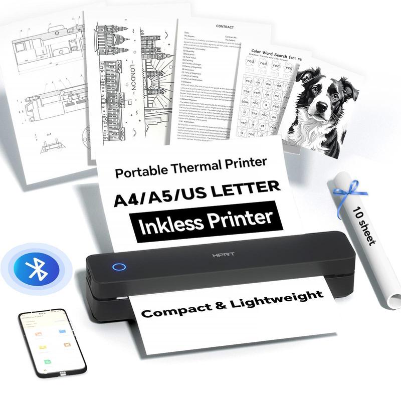 Inkless Portable Printer, Wireless Bluetooth Thermal Printer for Travel & Mobile Use, Compatible with iOS, Android, Laptop, Supports 8.5