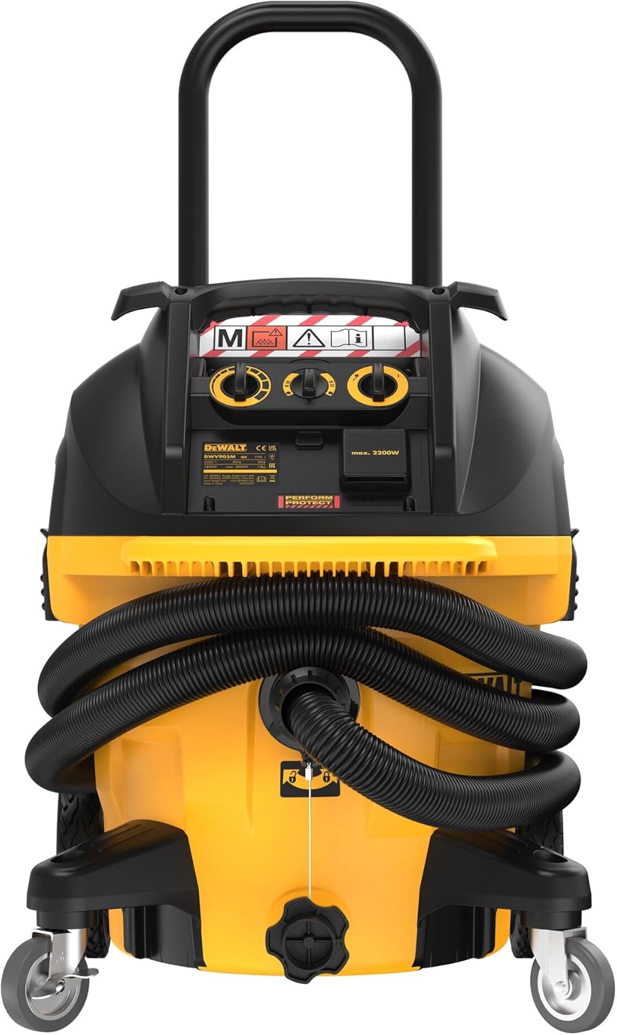 Dewalt M-Klasse Industrie Nass- & Trockensauger DWV905M (1.400 Watt, 38 Behältervolumen, für Weich- & Hartholz und mineralische Stäube, inkl. Saugschlauch, AirLock Adapter, Stufenadapter, Staubsack)