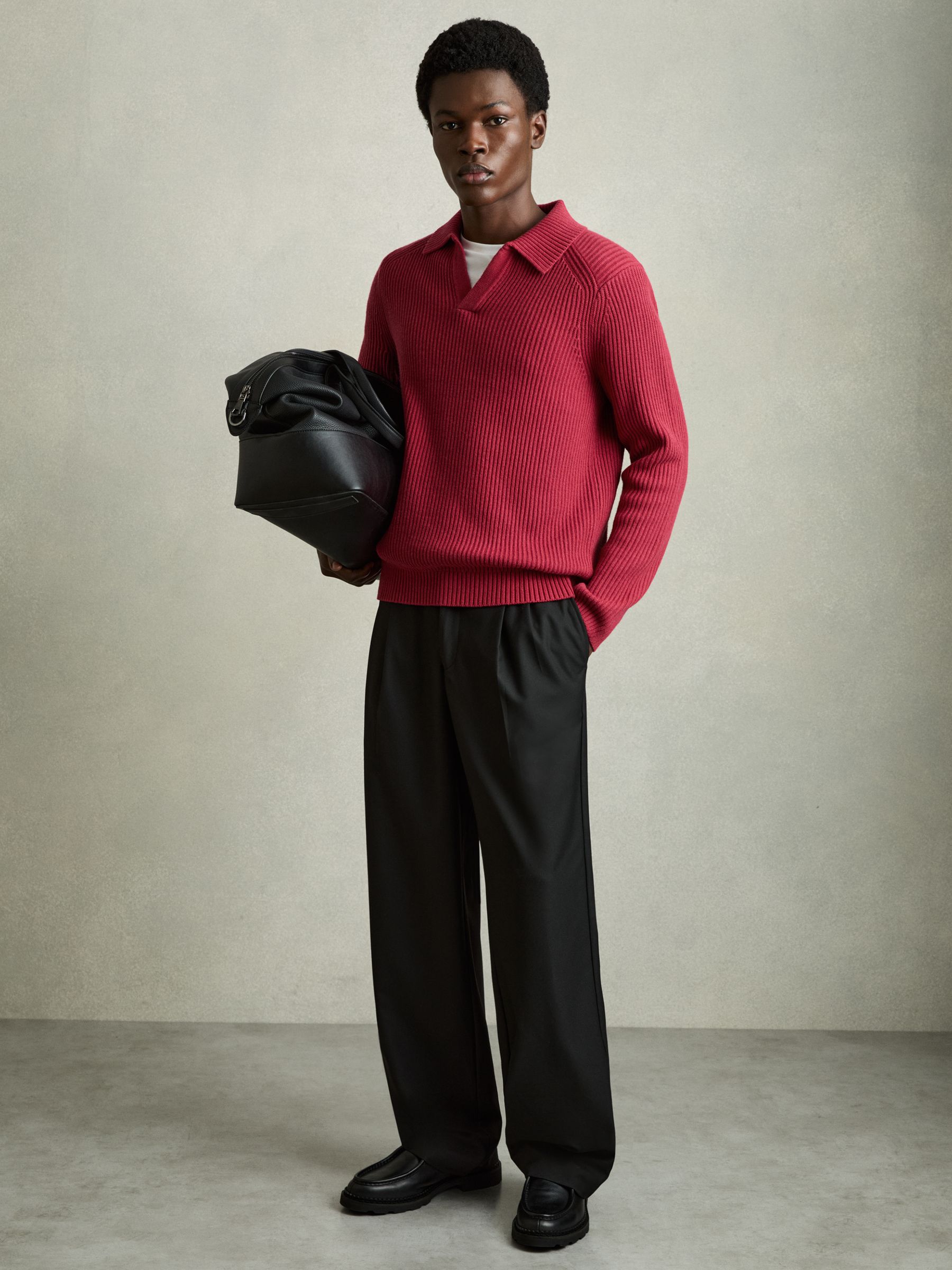 Rib Knit Open Collar Polo Shirt in Red