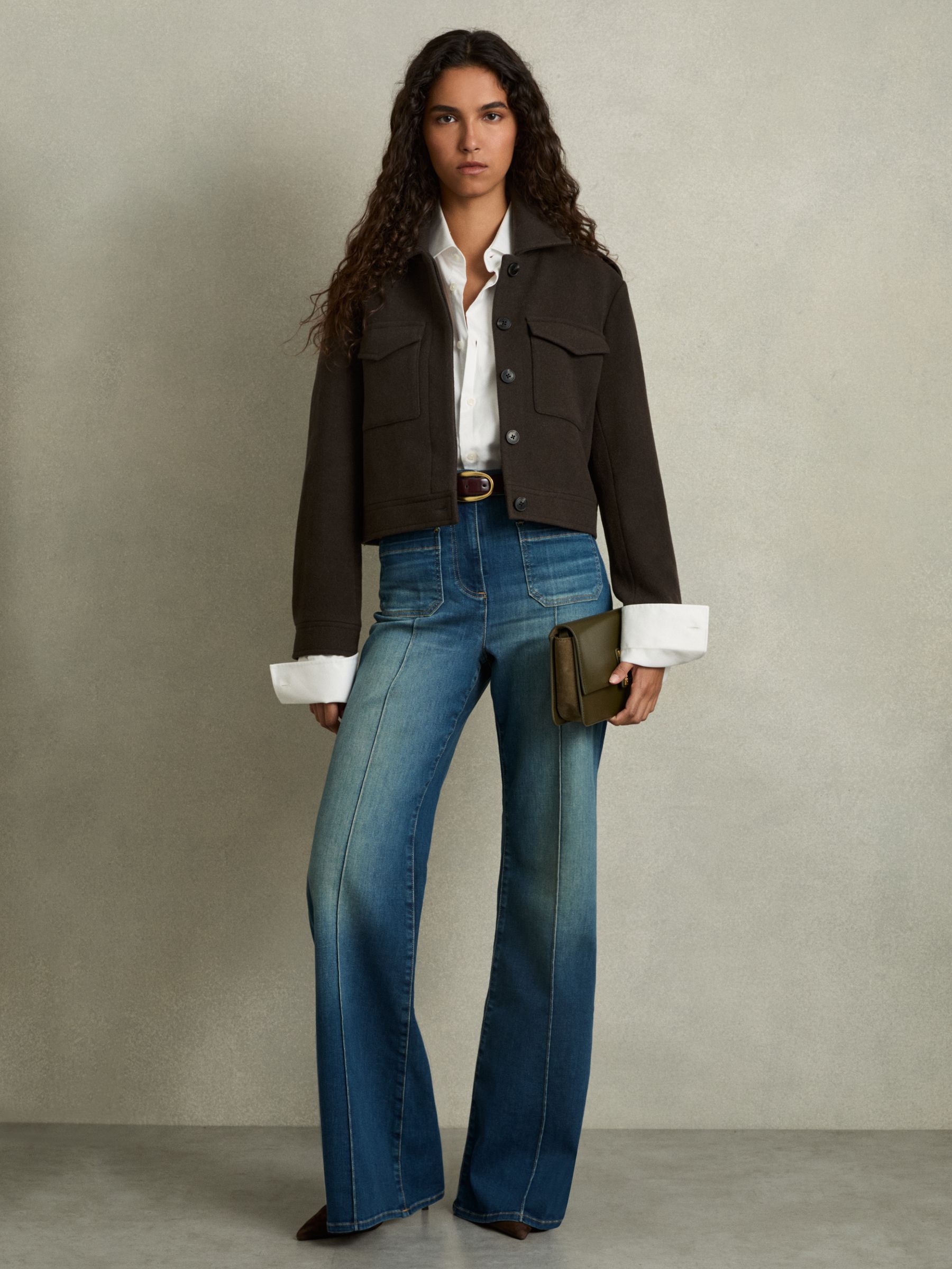 Wool-Blend Cropped Jacket in Mocha Brown