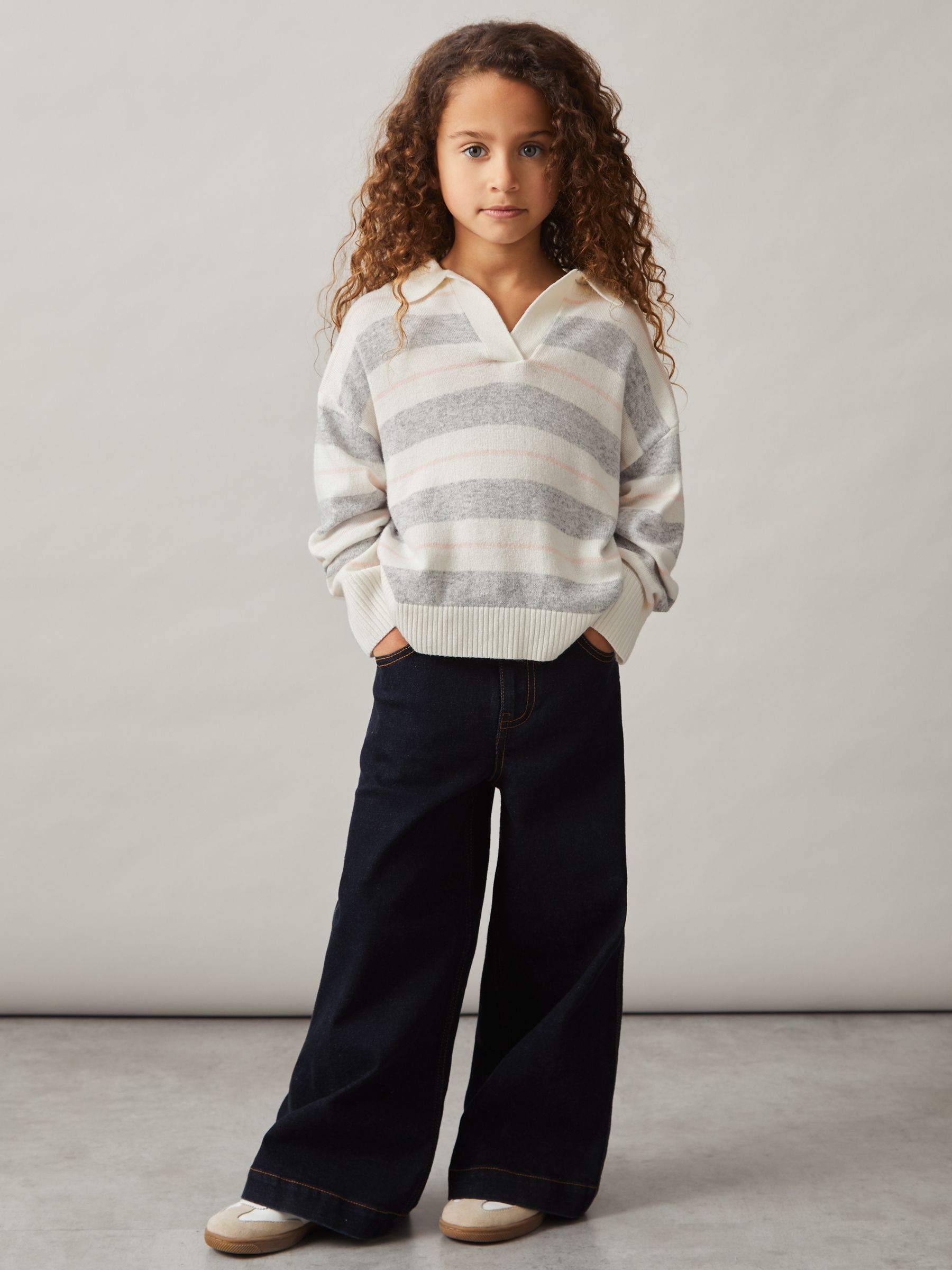 9-13 yrs Wool-Blend Striped Collared Jumper With Cashmere in Grey