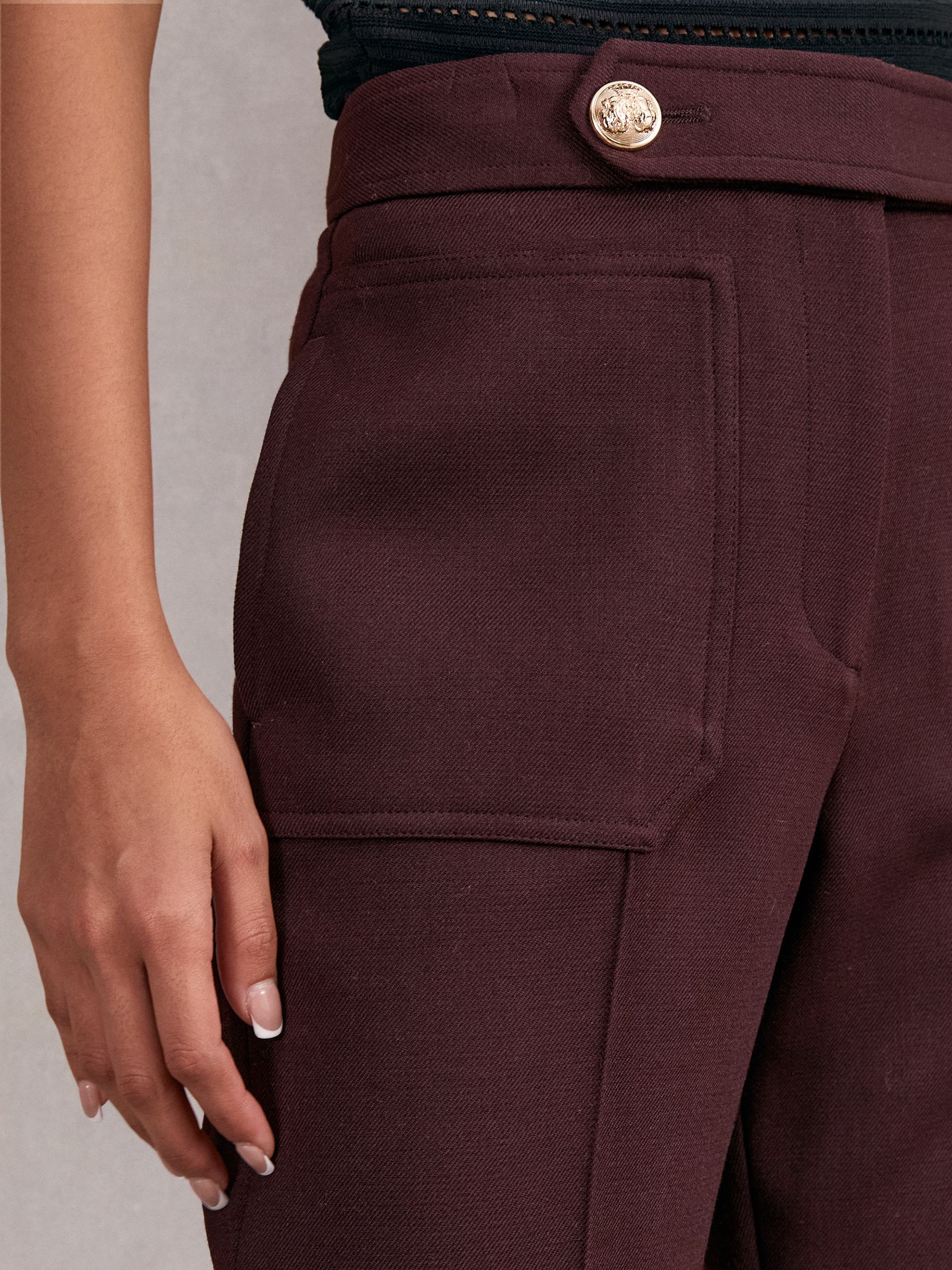 Petite Twill Button-Tab Flared Trousers With Wool in Burgundy