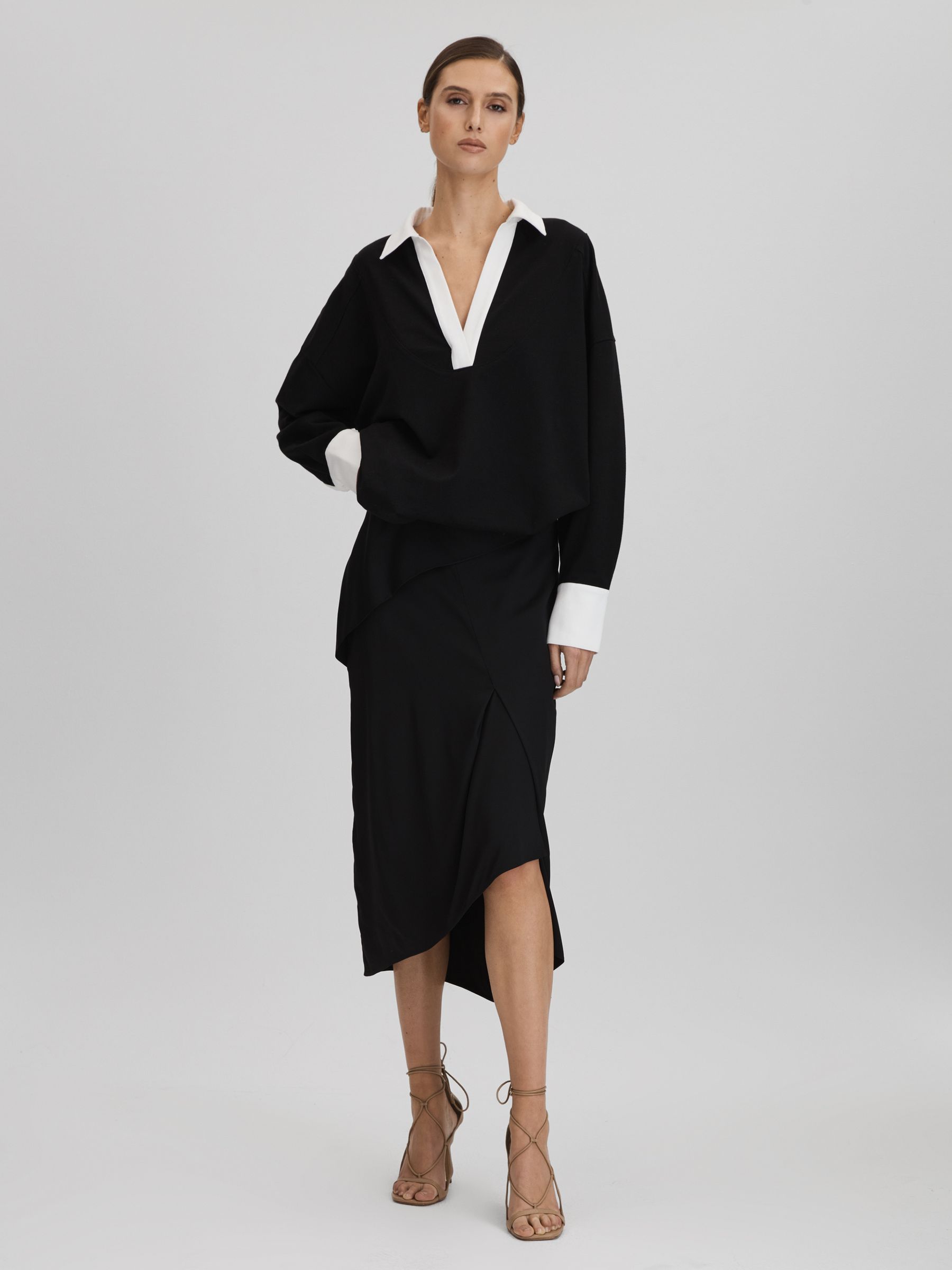 High Rise Draped Midi Skirt in Black