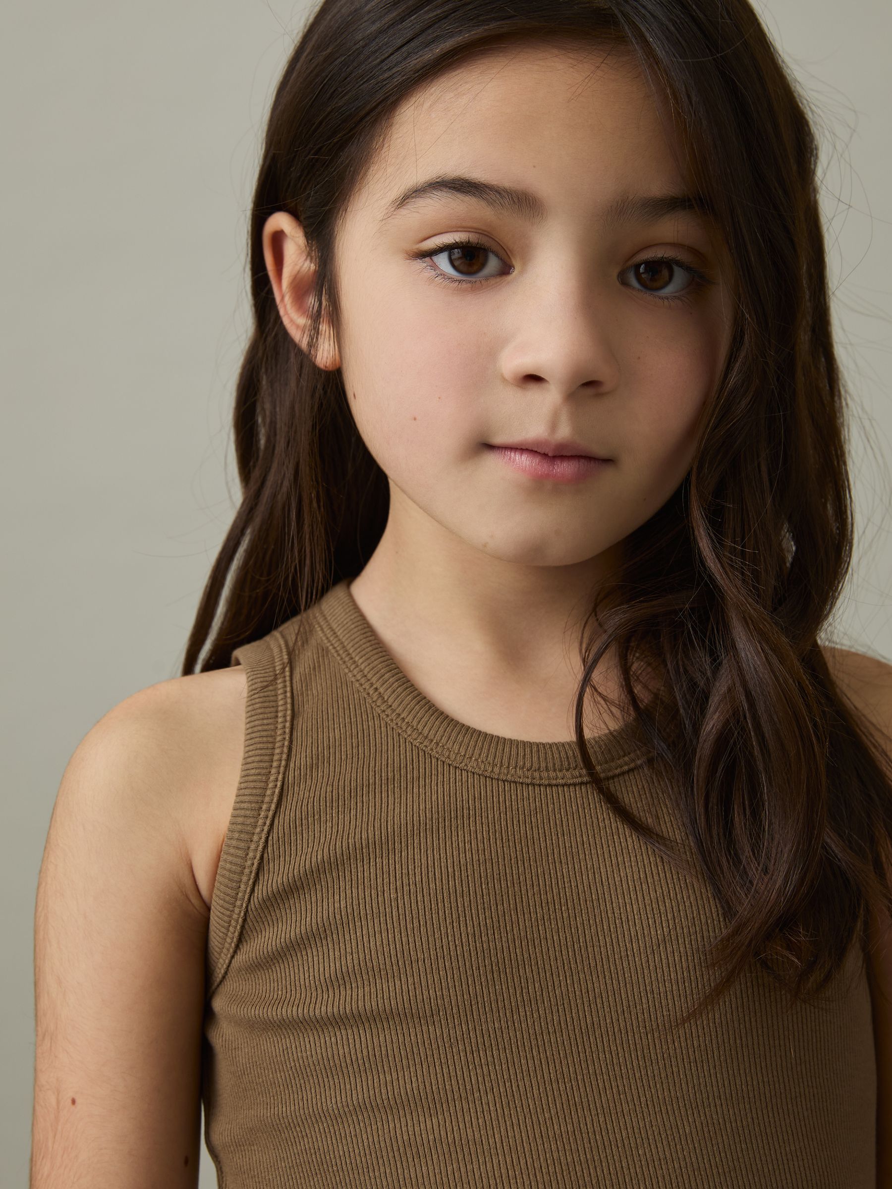 4-9 yrs Cotton Blend Ribbed Vest in Khaki