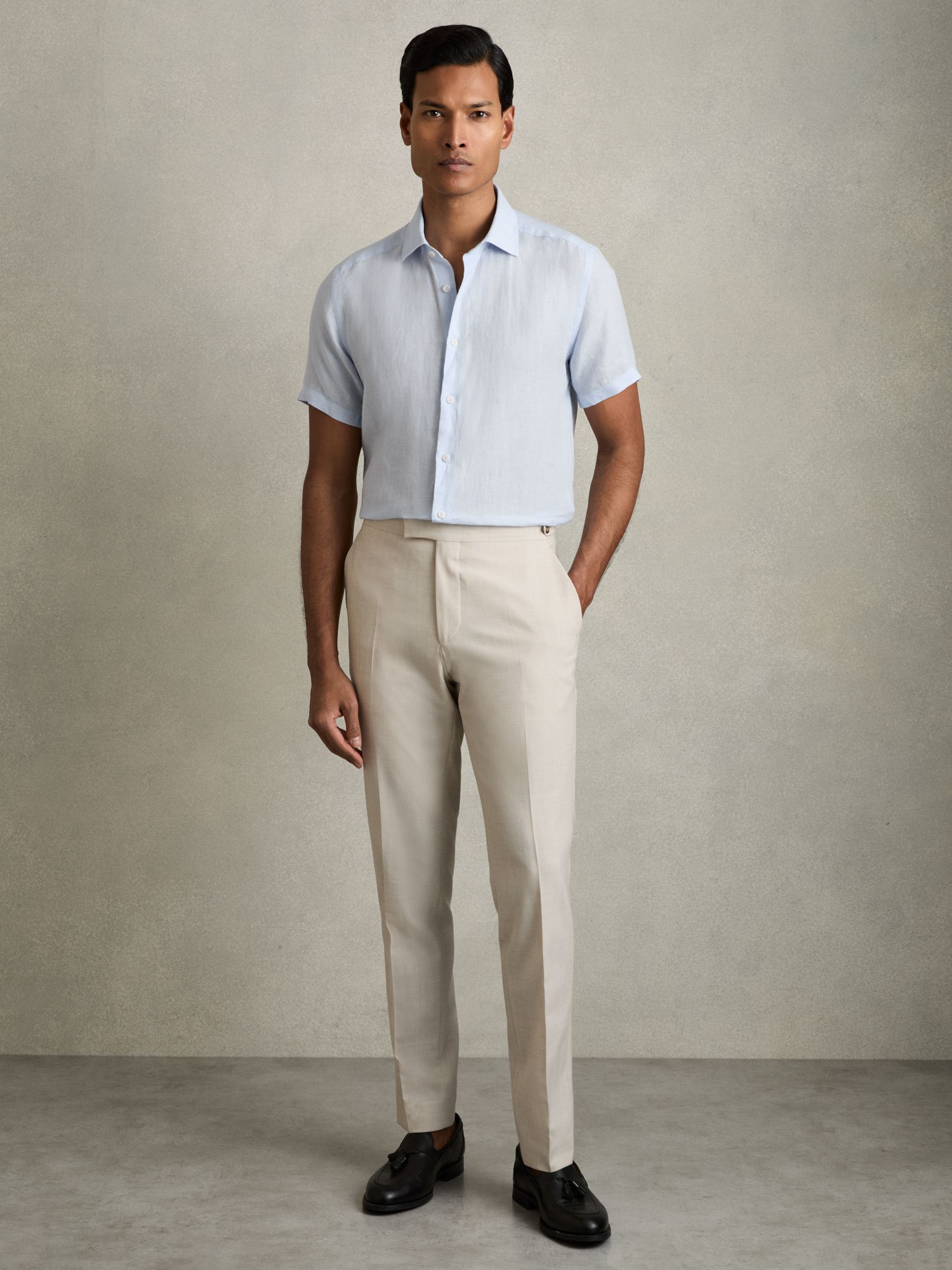 Slim Fit Linen Button-Through Shirt in Pale Blue