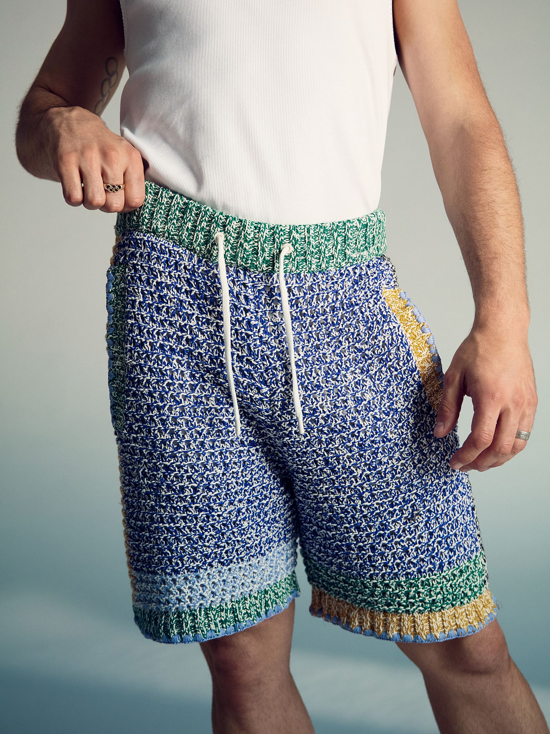 Reiss | Tom Daley Crochet Panel Shorts in Yellow/Green/Blue Multi