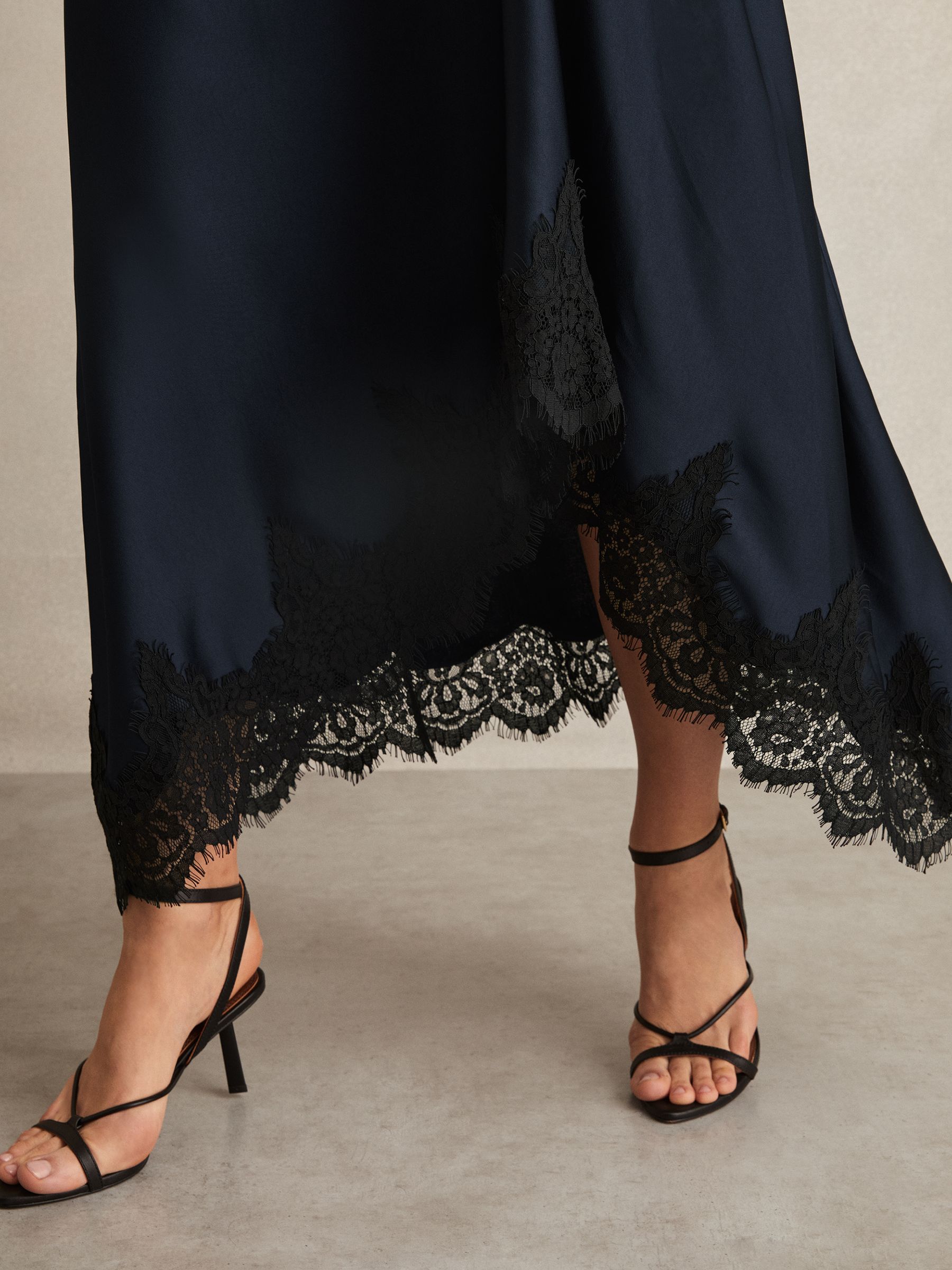 Satin Drape Lace-Trim Dress in Navy