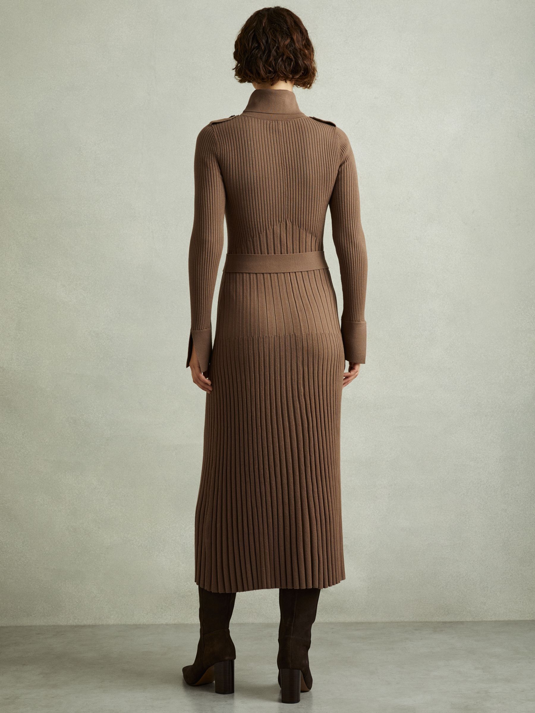 Ribbed Roll Neck Belted Midi Dress in Mocha