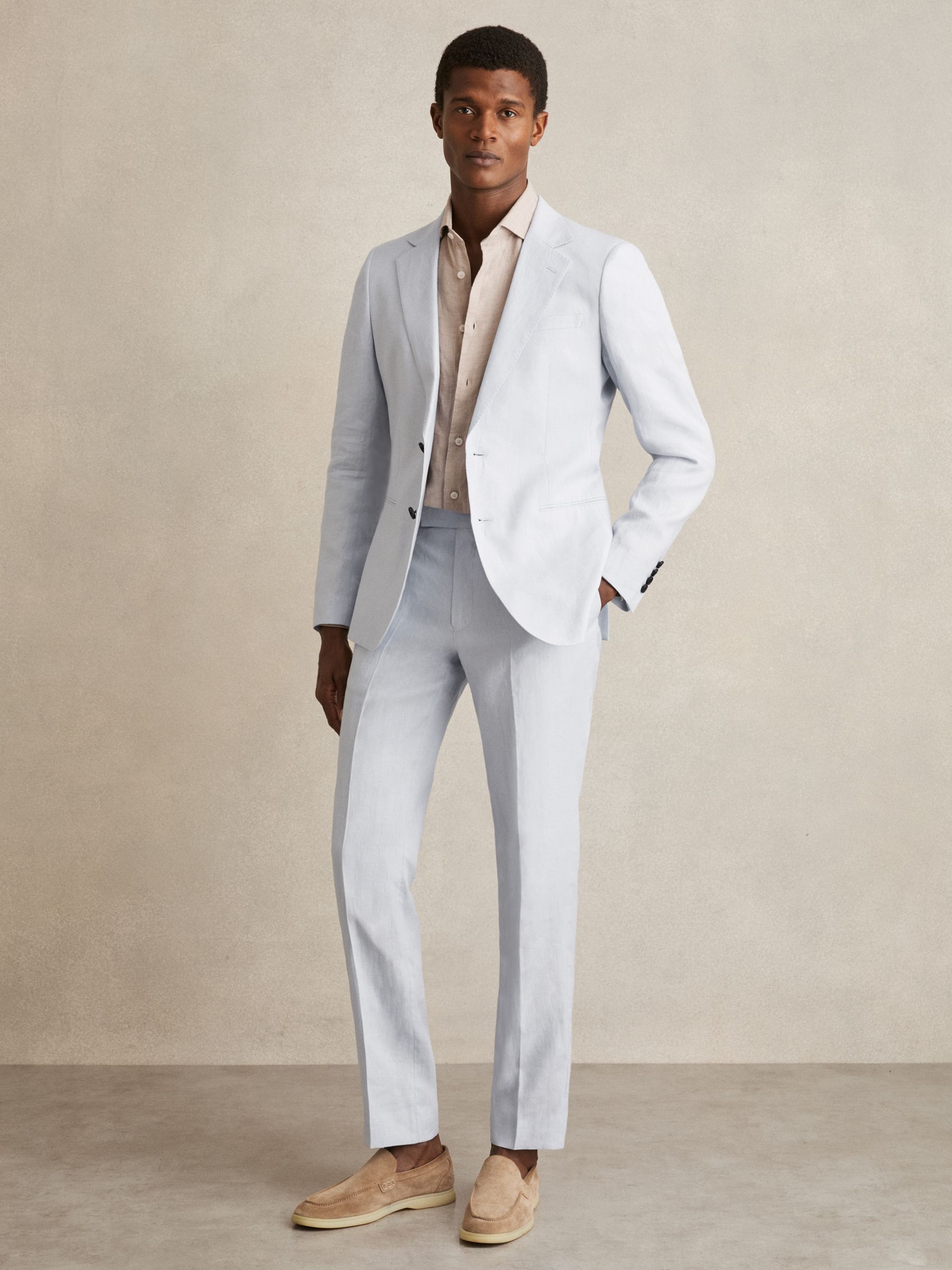 Slim Fit Single Breasted Linen Blazer in Soft Blue