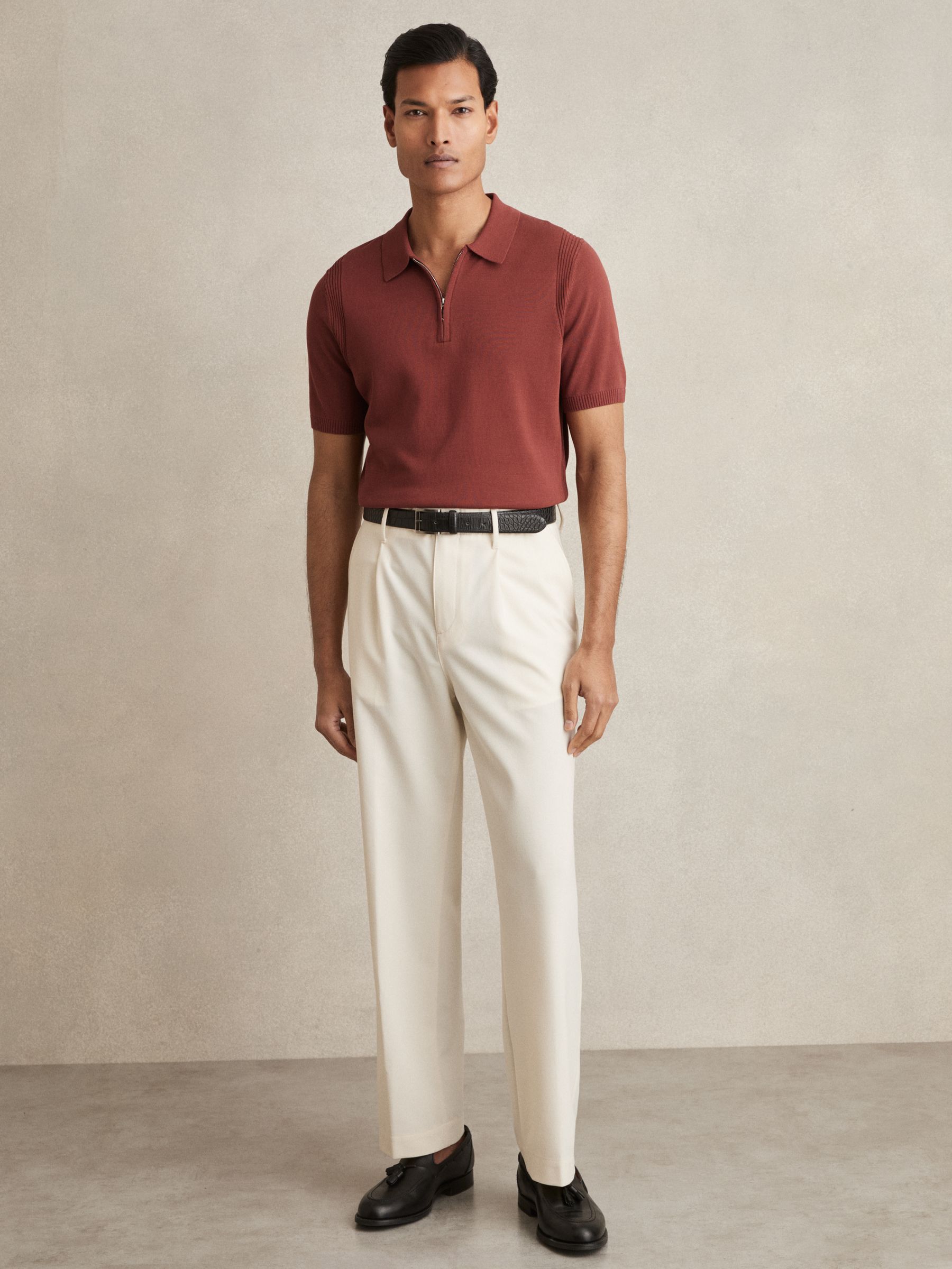 Cotton Half-Zip Knitted Polo Shirt in Rust