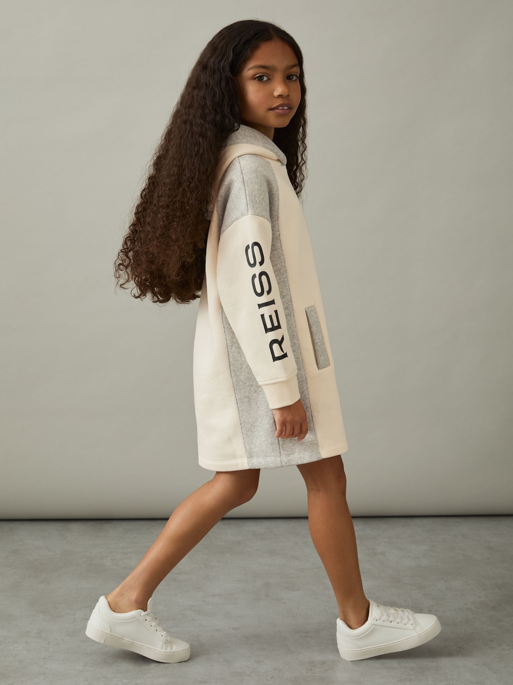 4-9 yrs Colour-Block Hooded Jersey Dress in Ecru