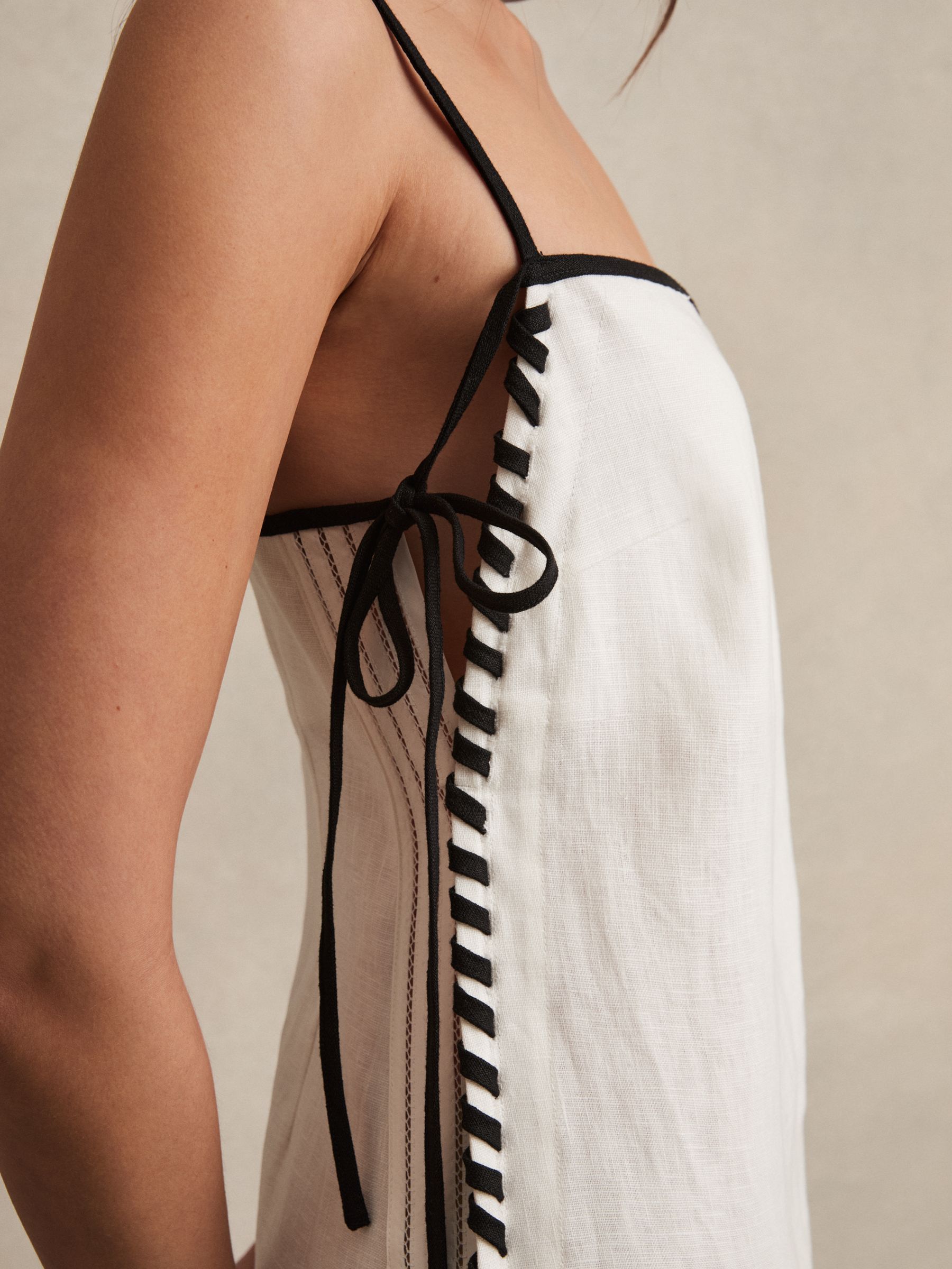 Linen Whipstitch Tie-Strap Midi Dress in Ivory