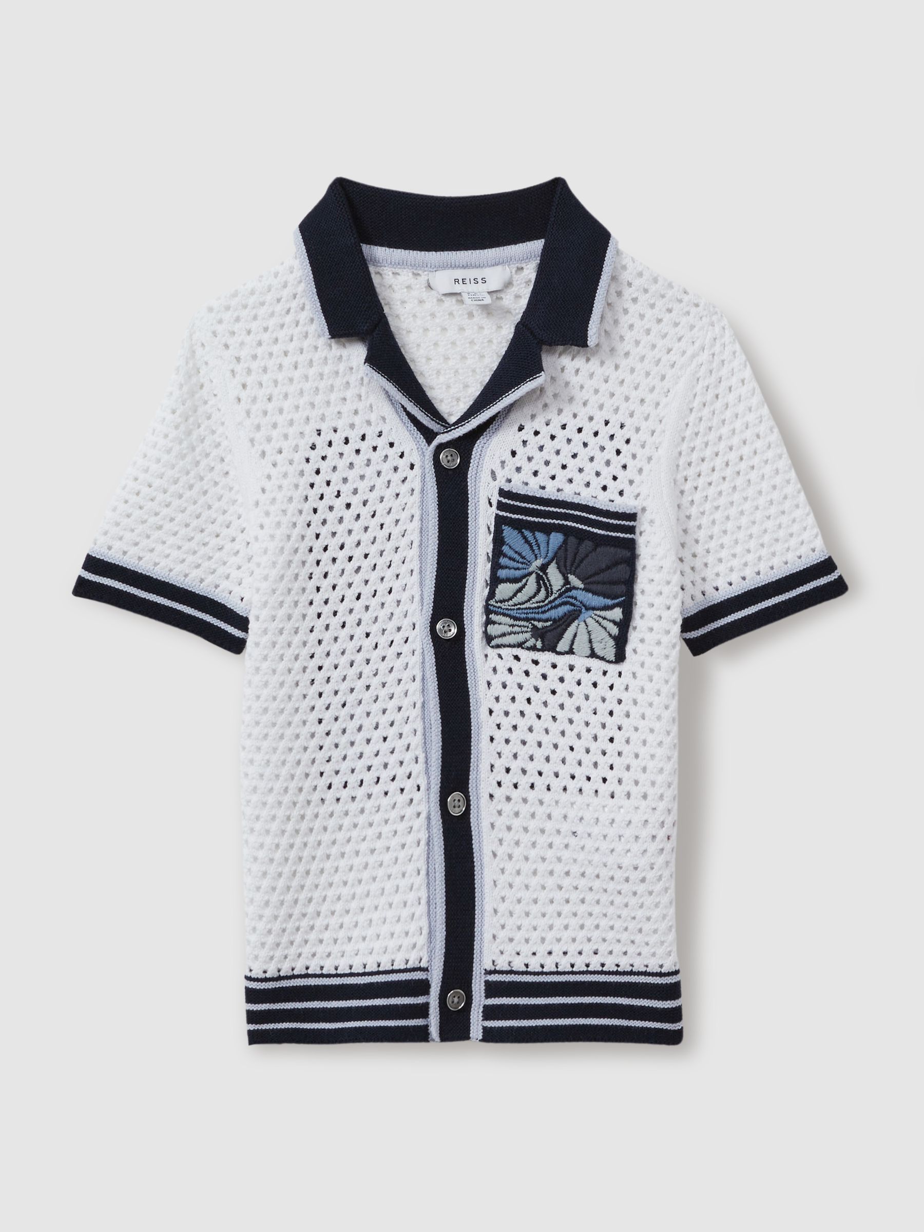 9-13 yrs Open-Stitch Embroidered Cuban Collar Shirt in White/Blue