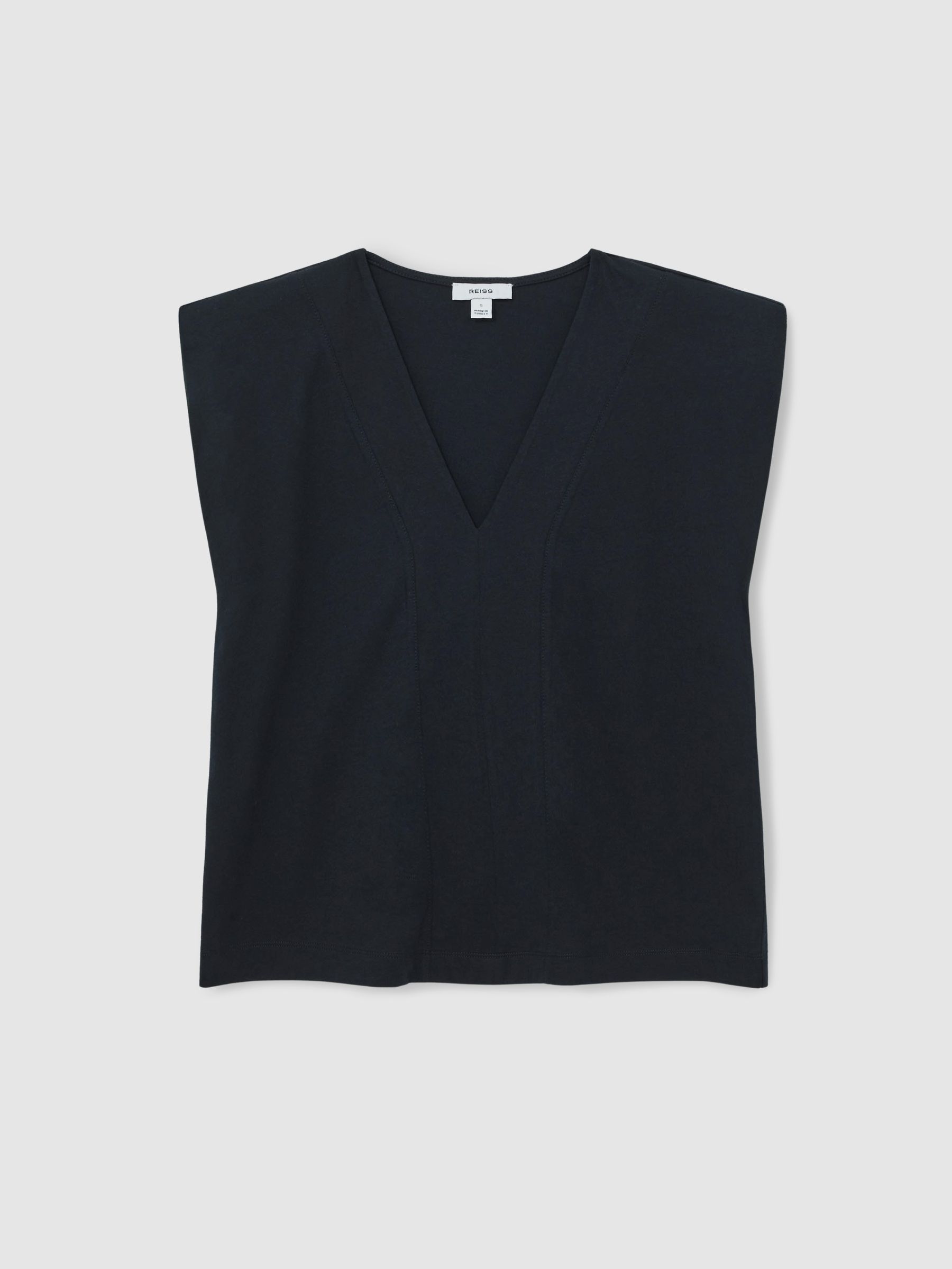 Cotton Shoulder-Pad V-Neck Top in Navy