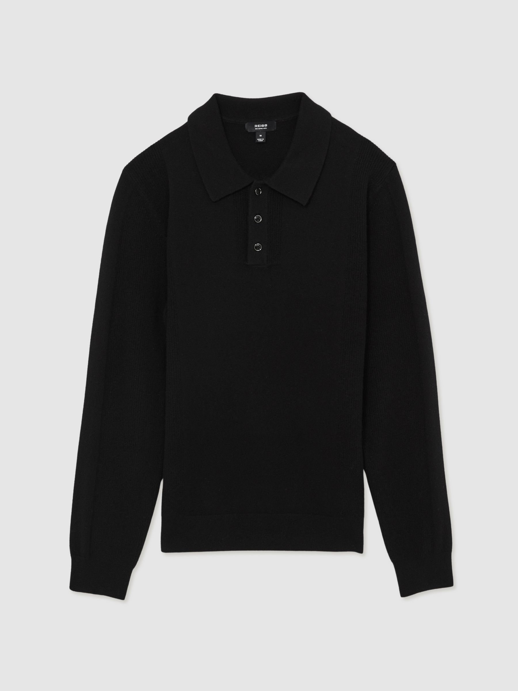 Wool Textured Long Sleeve Polo Shirt in Black
