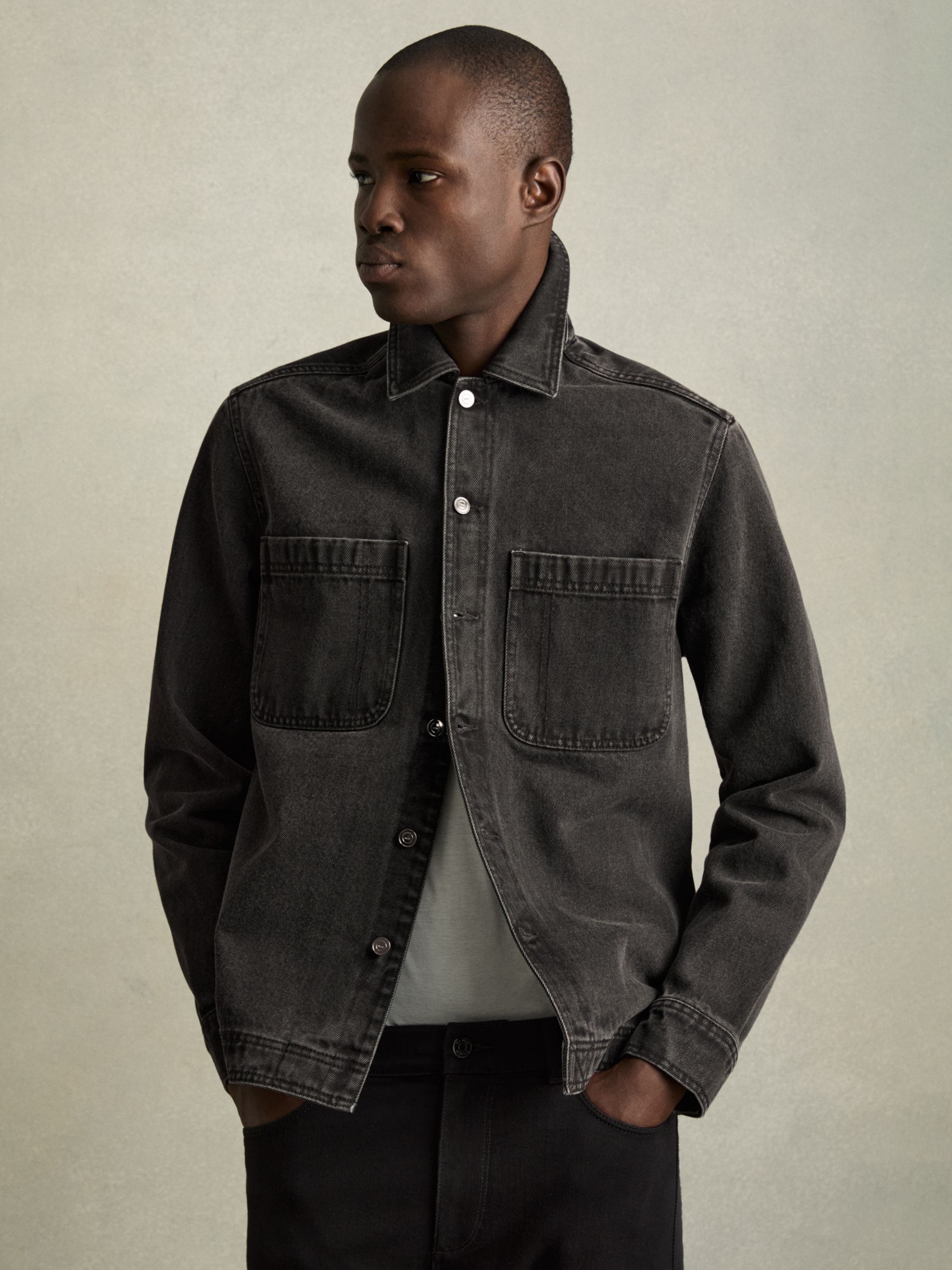 Cotton-Denim Button-Through Overshirt in Washed Black