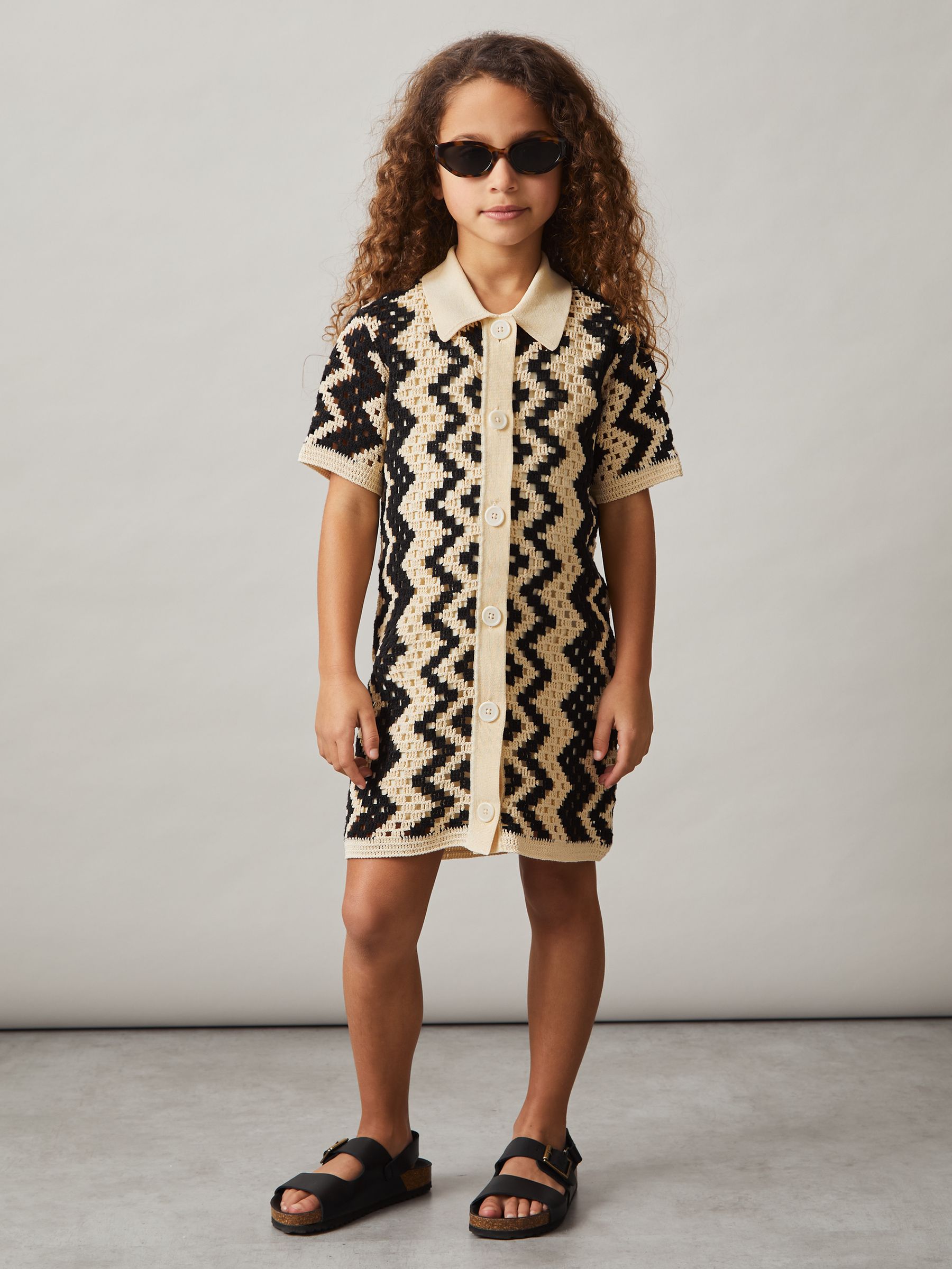 4-9 yrs Cotton-Blend Patterned Crochet Dress in Ecru