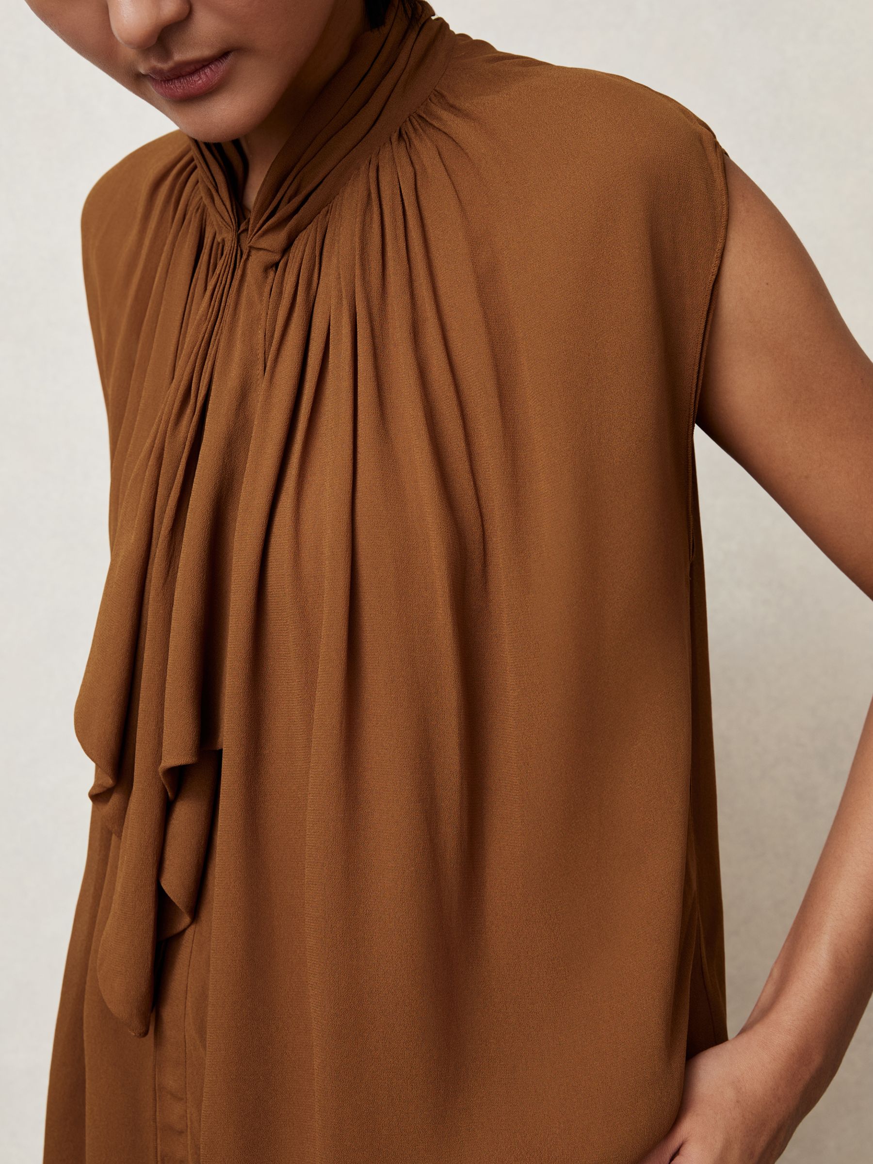 Crepe-Chiffon Ruffle Sleeveless Top in Tan Brown