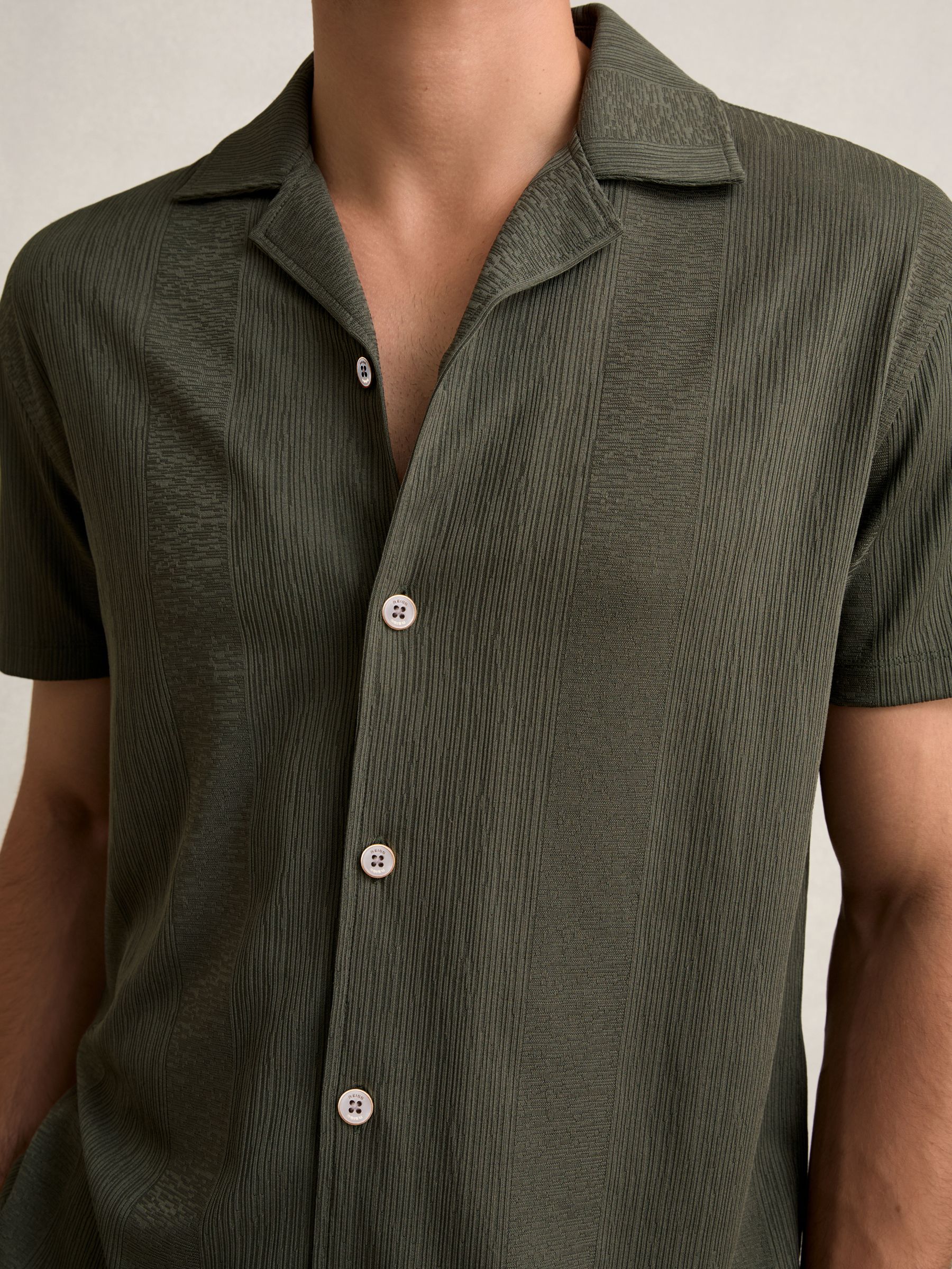 Jacquard-Stripe Cuban-Collar Shirt in Dark Green