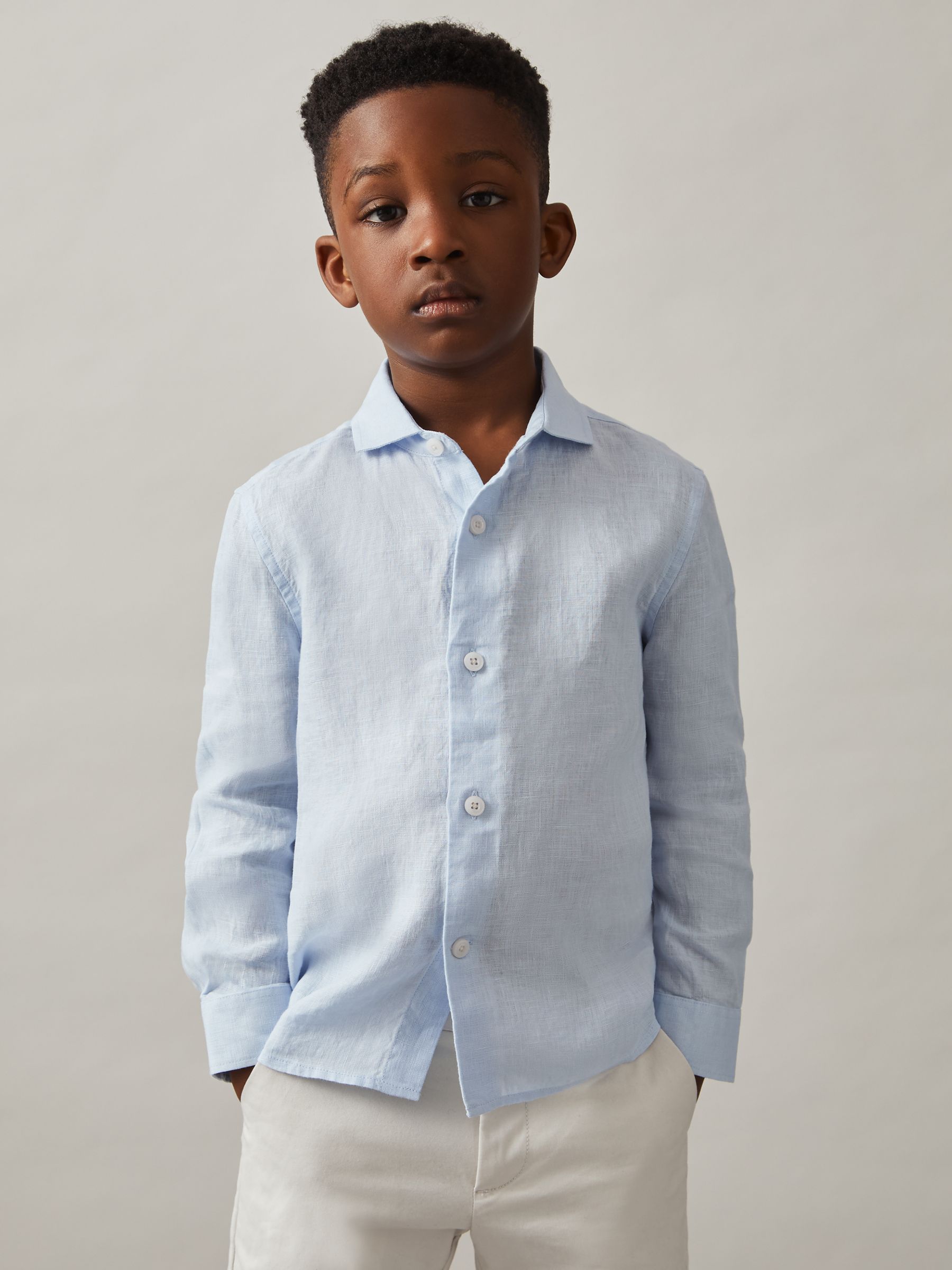9-13 yrs Linen Cutaway Collar Shirt in Pale Blue