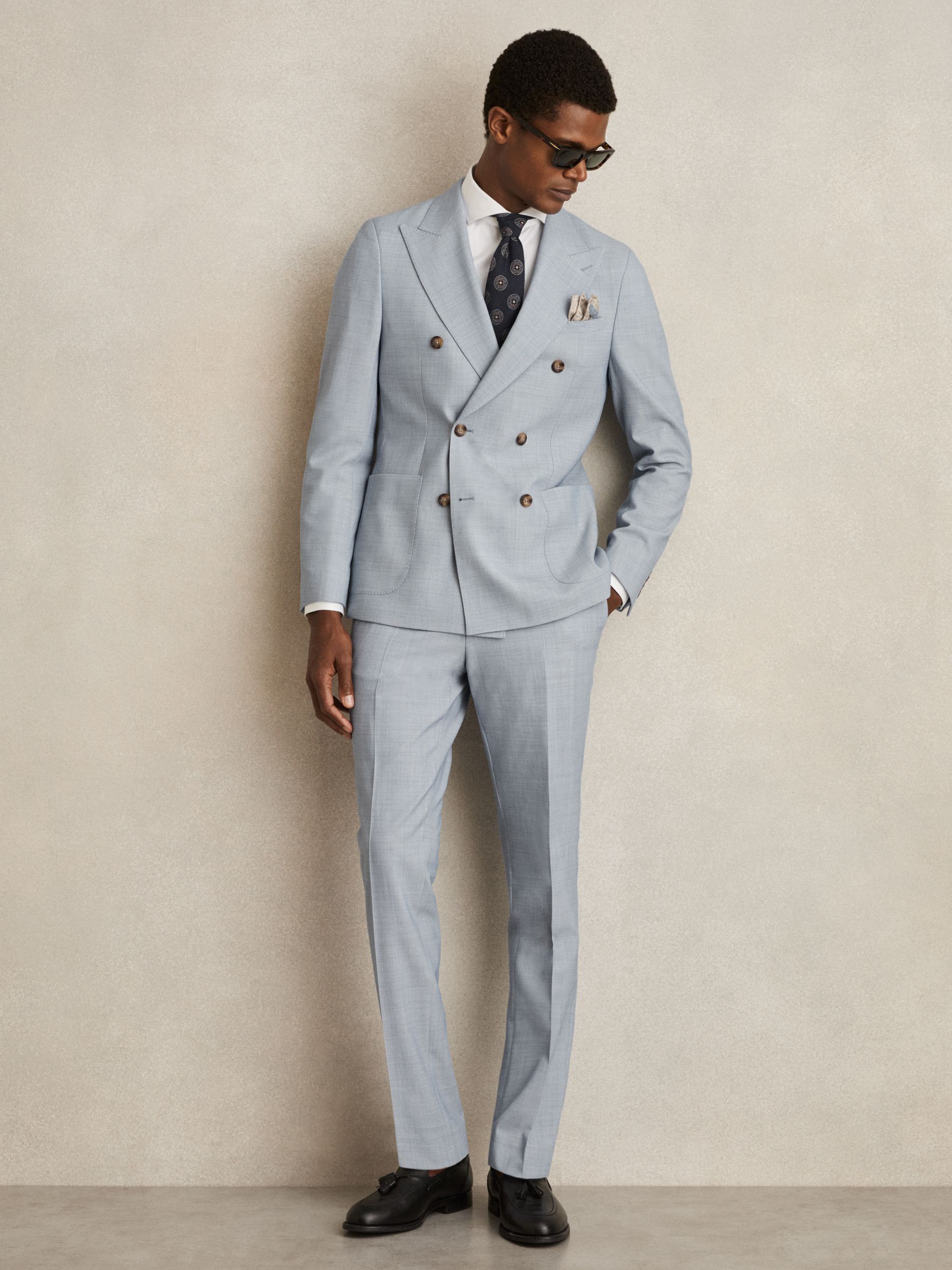 Double-Breasted Textured Suit Blazer With Wool Slim-Fit in Soft Blue