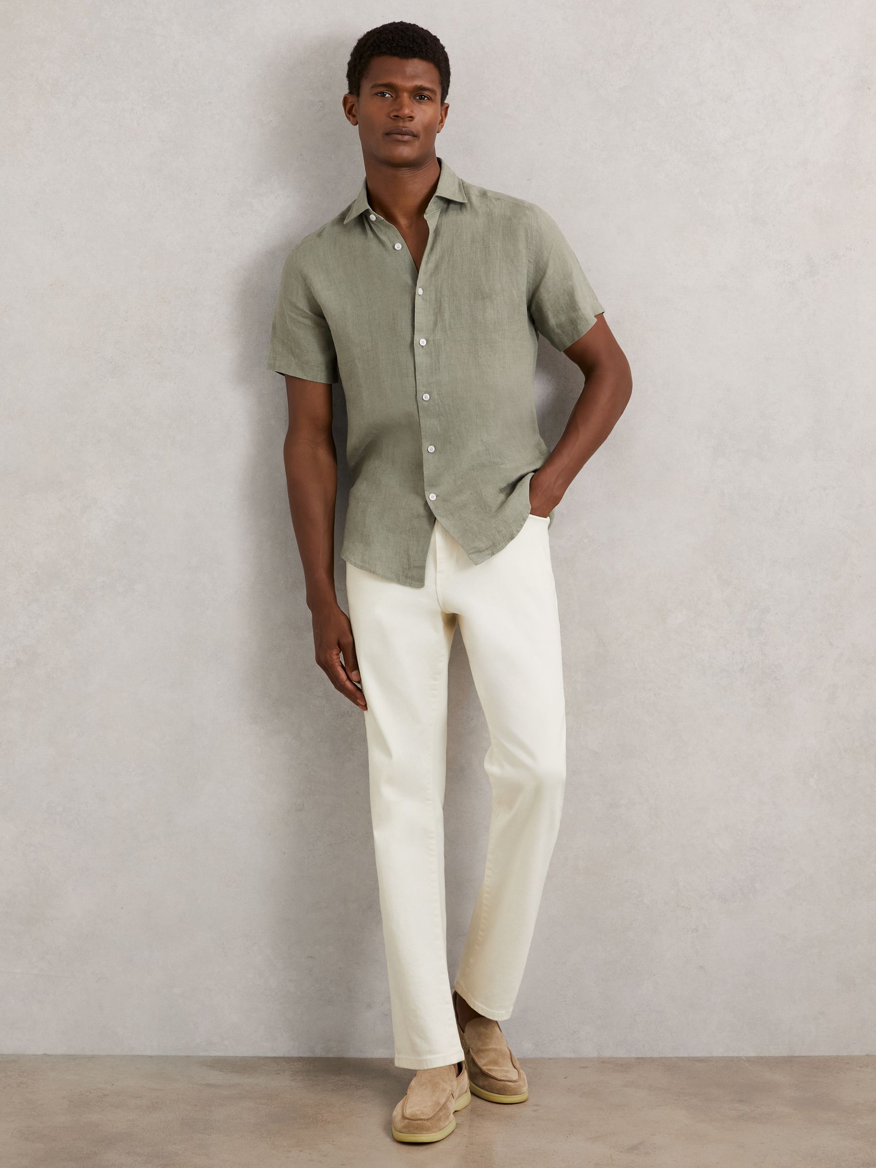 Slim Fit Linen Button-Through Shirt in Thyme Green