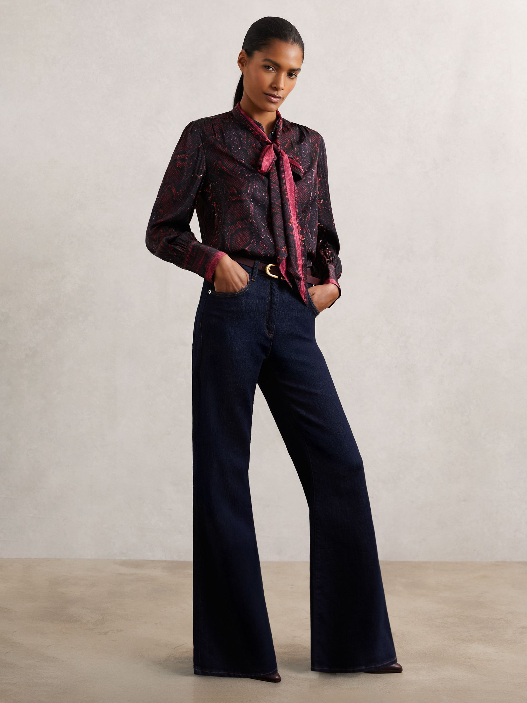 Snake-Print Tie-Neck Blouse in Burgundy