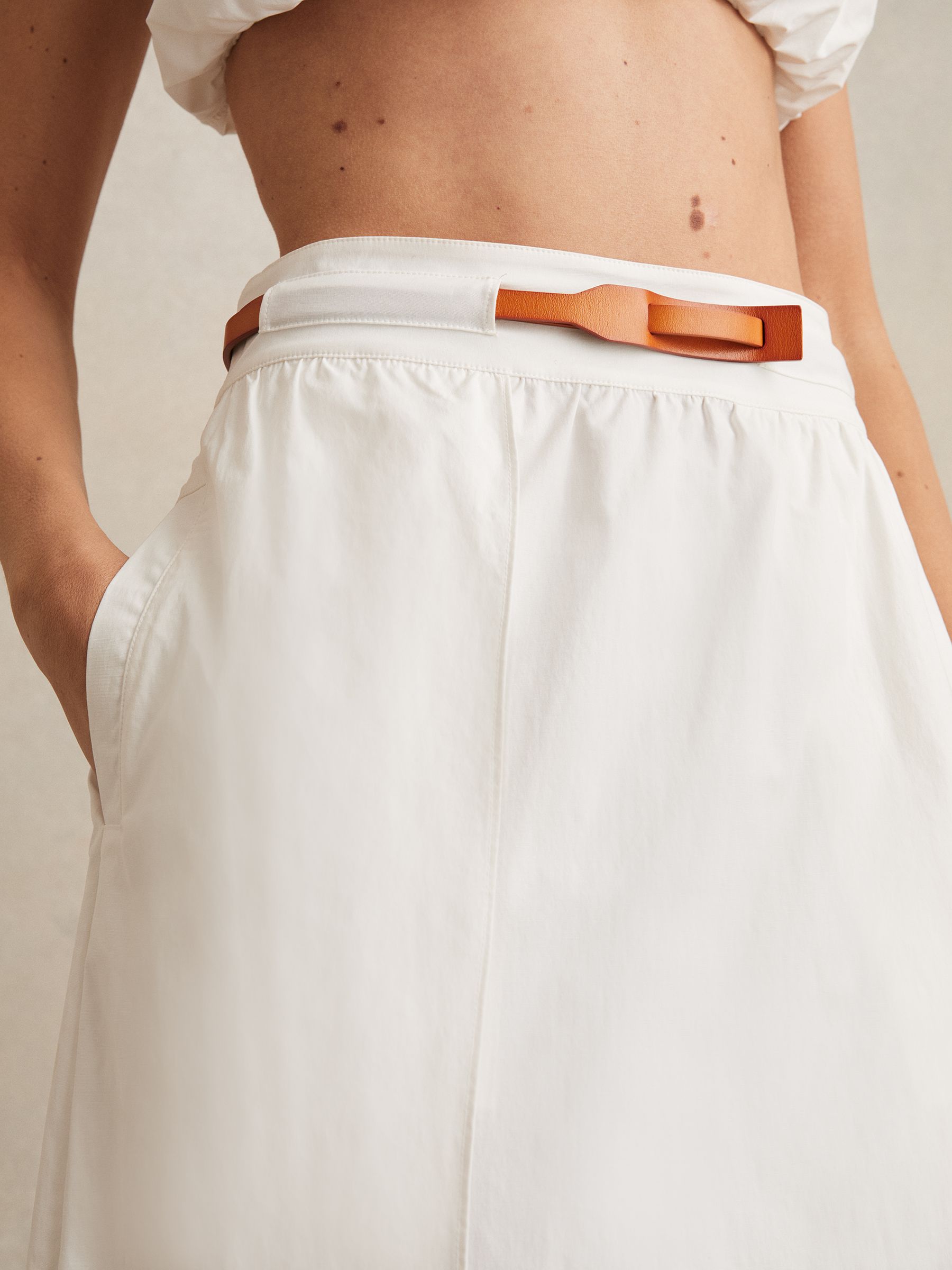 Poplin Belted Split Midi Skirt in Ivory