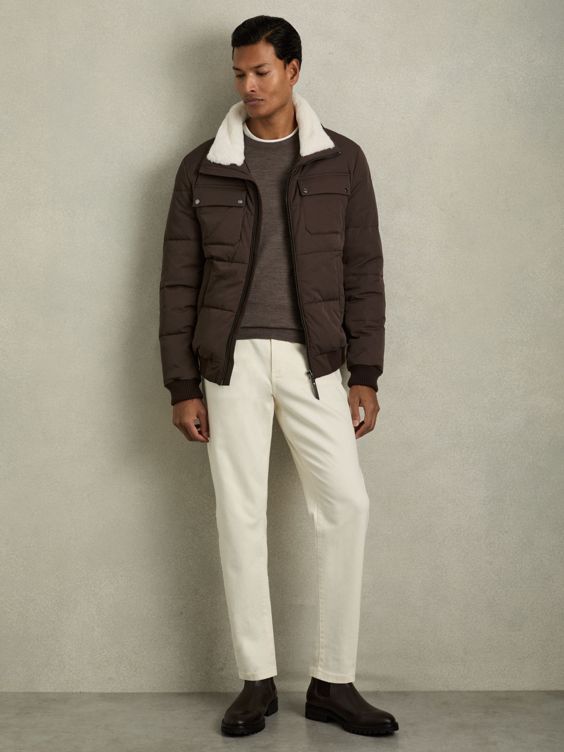 Faux-Fur Collar Puffer Jacket in Brown