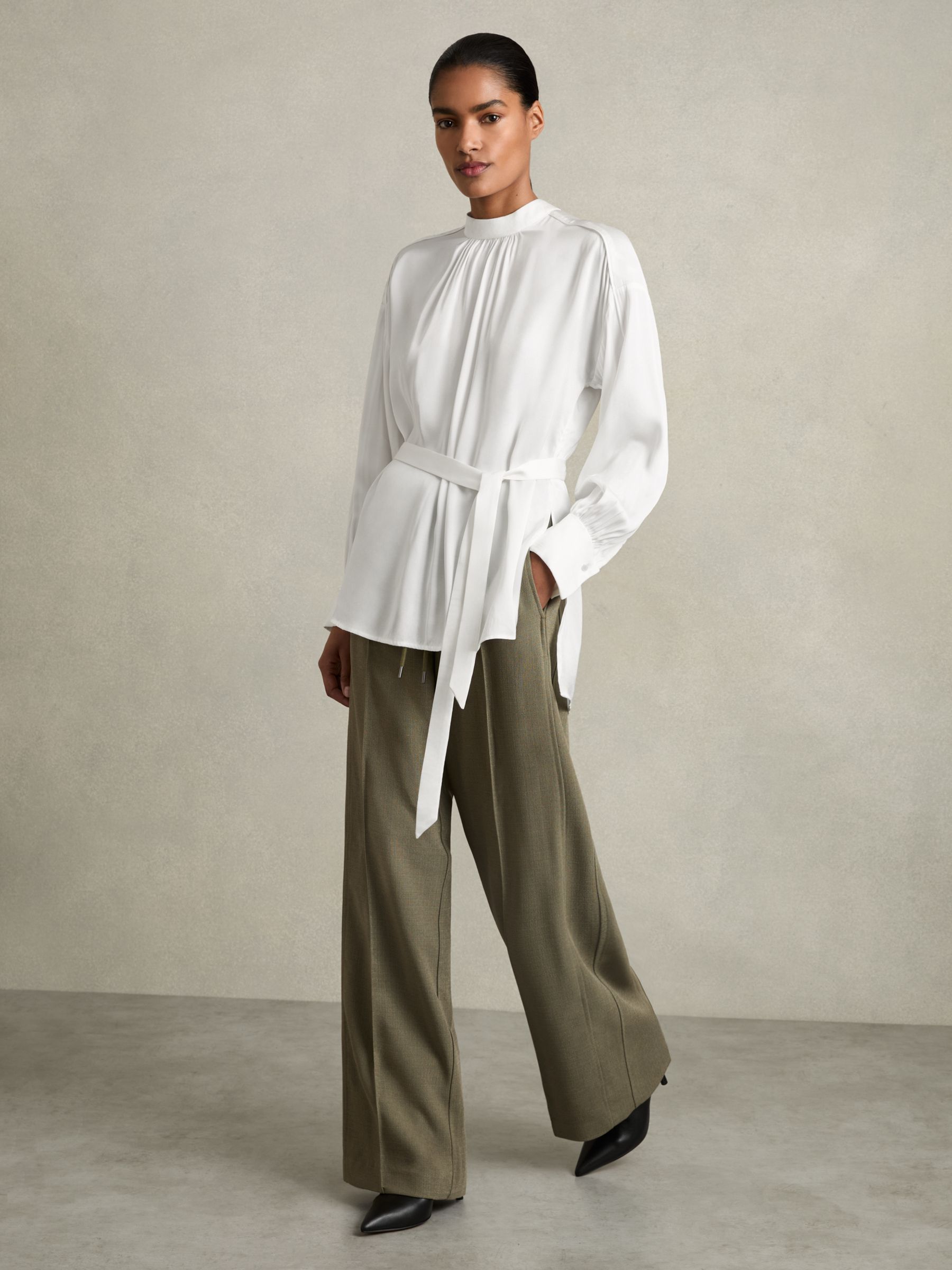 Woven High-Neck Belted Blouse in Ivory