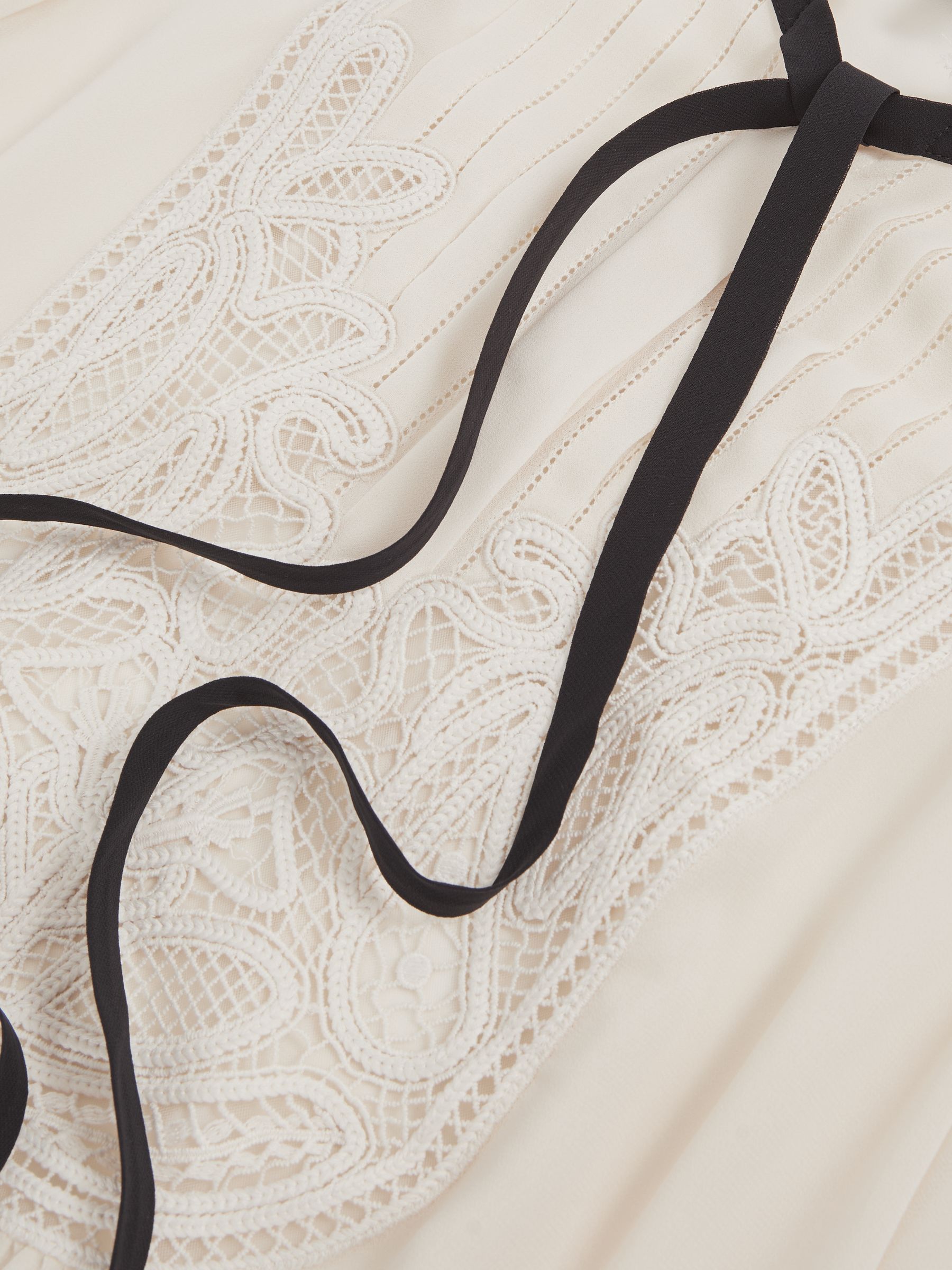 Lace-Embroidered Tie-Neck Shirt in Cream