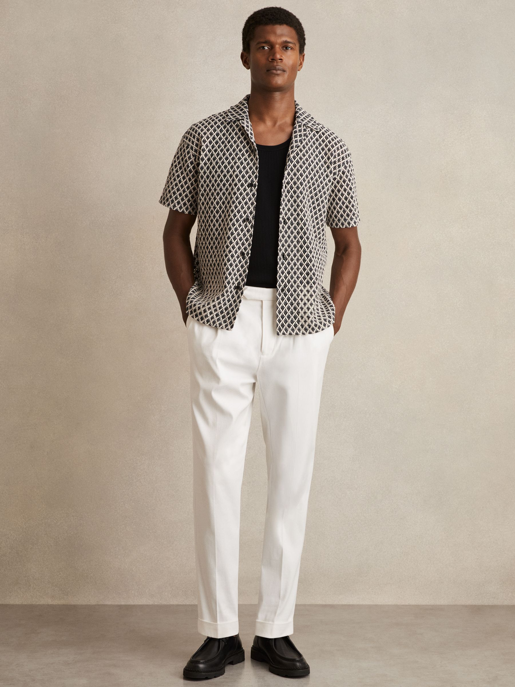 Geometric-Crochet Cuban-Collar Shirt in Navy/White