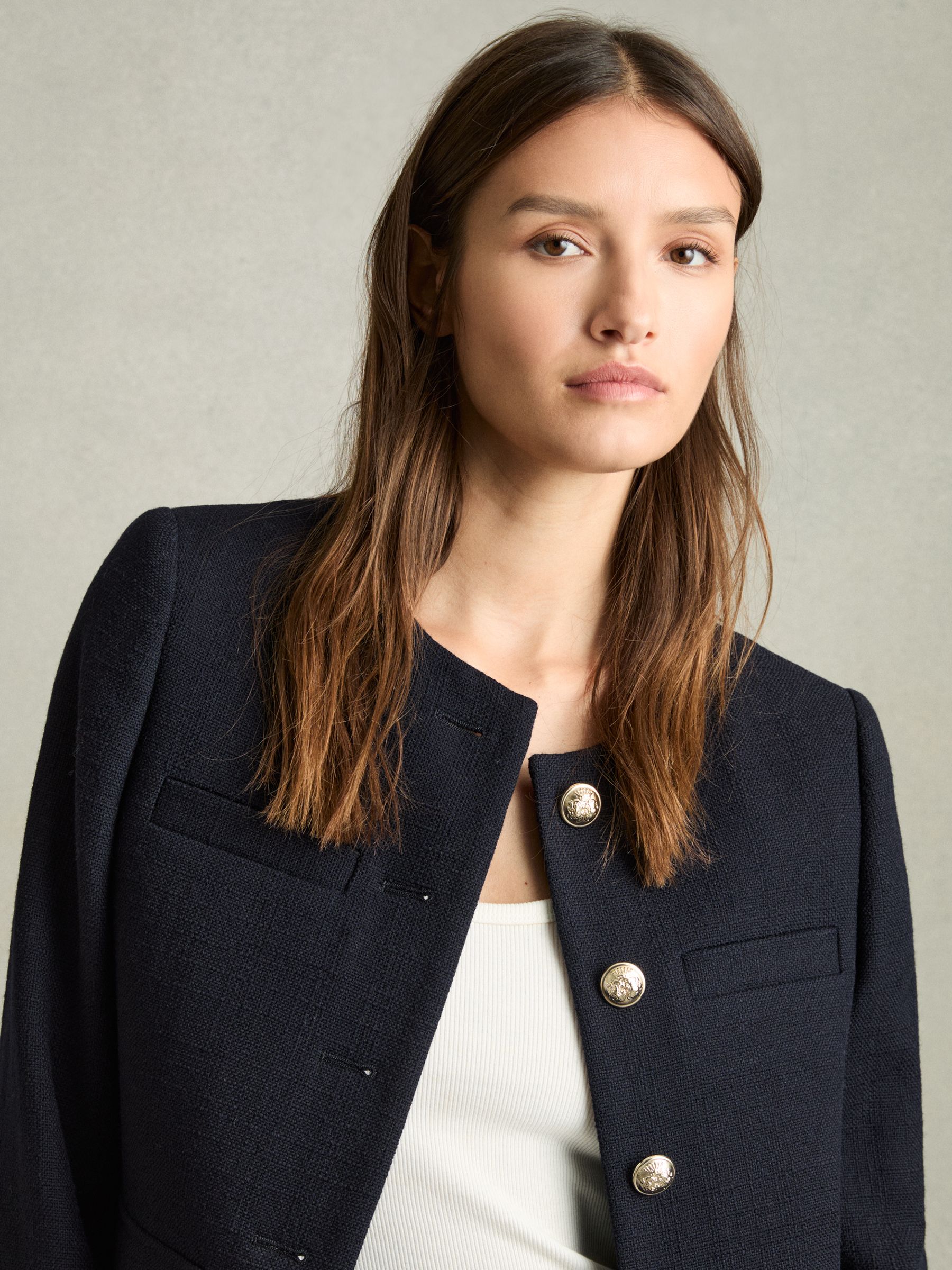 Cropped Wool Single Breasted Jacket in Navy