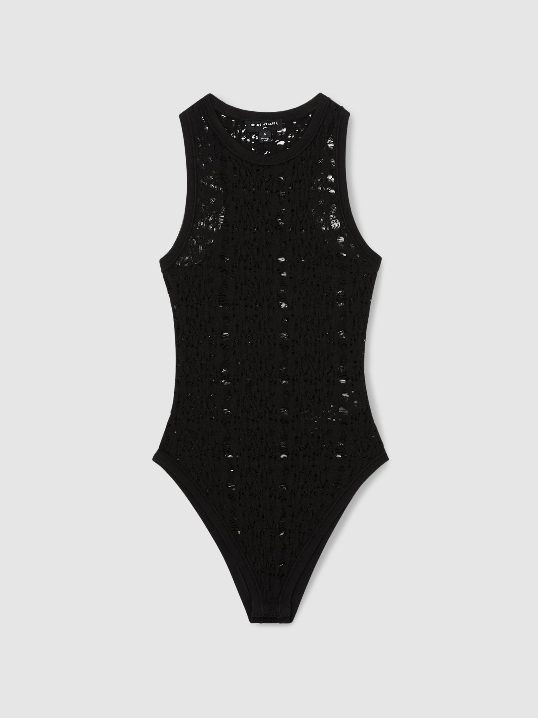 Atelier Lace-Knit High-Neck Bodysuit in Black