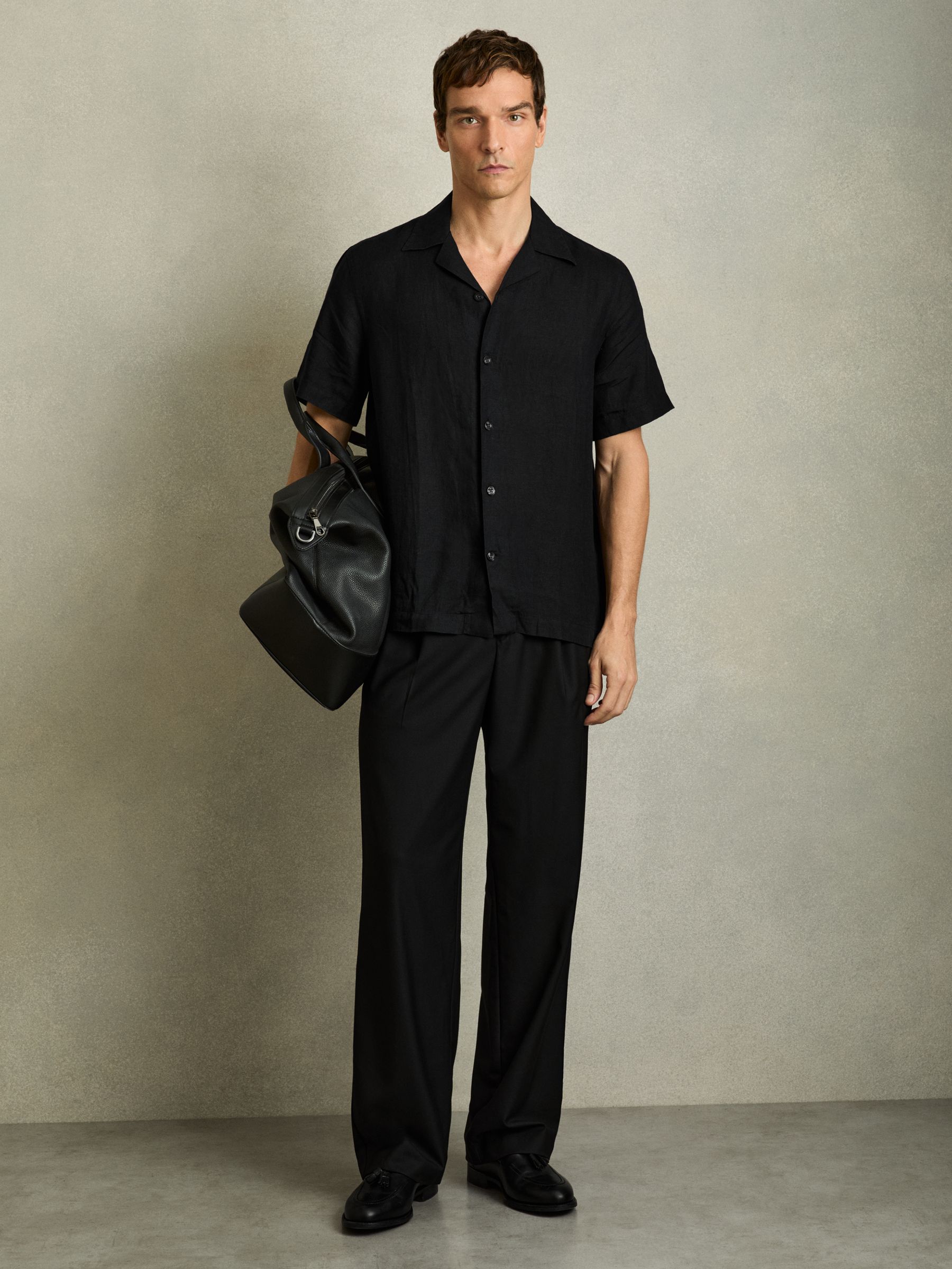 Relaxed Linen Cuban Collar Shirt in Black