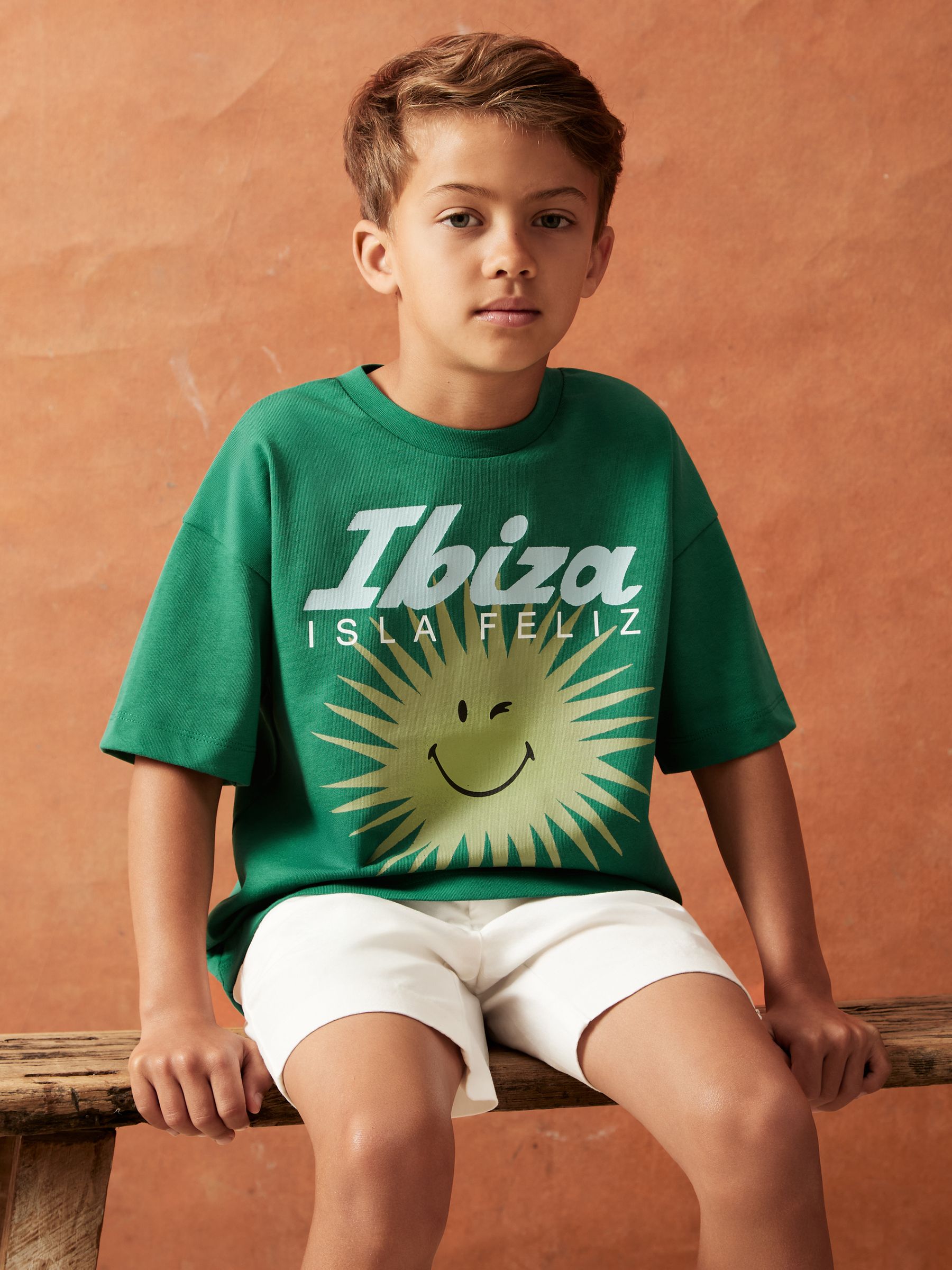 9-13 yrs SmileyWorld | Reiss Sun Motif T-Shirt in Bright Green