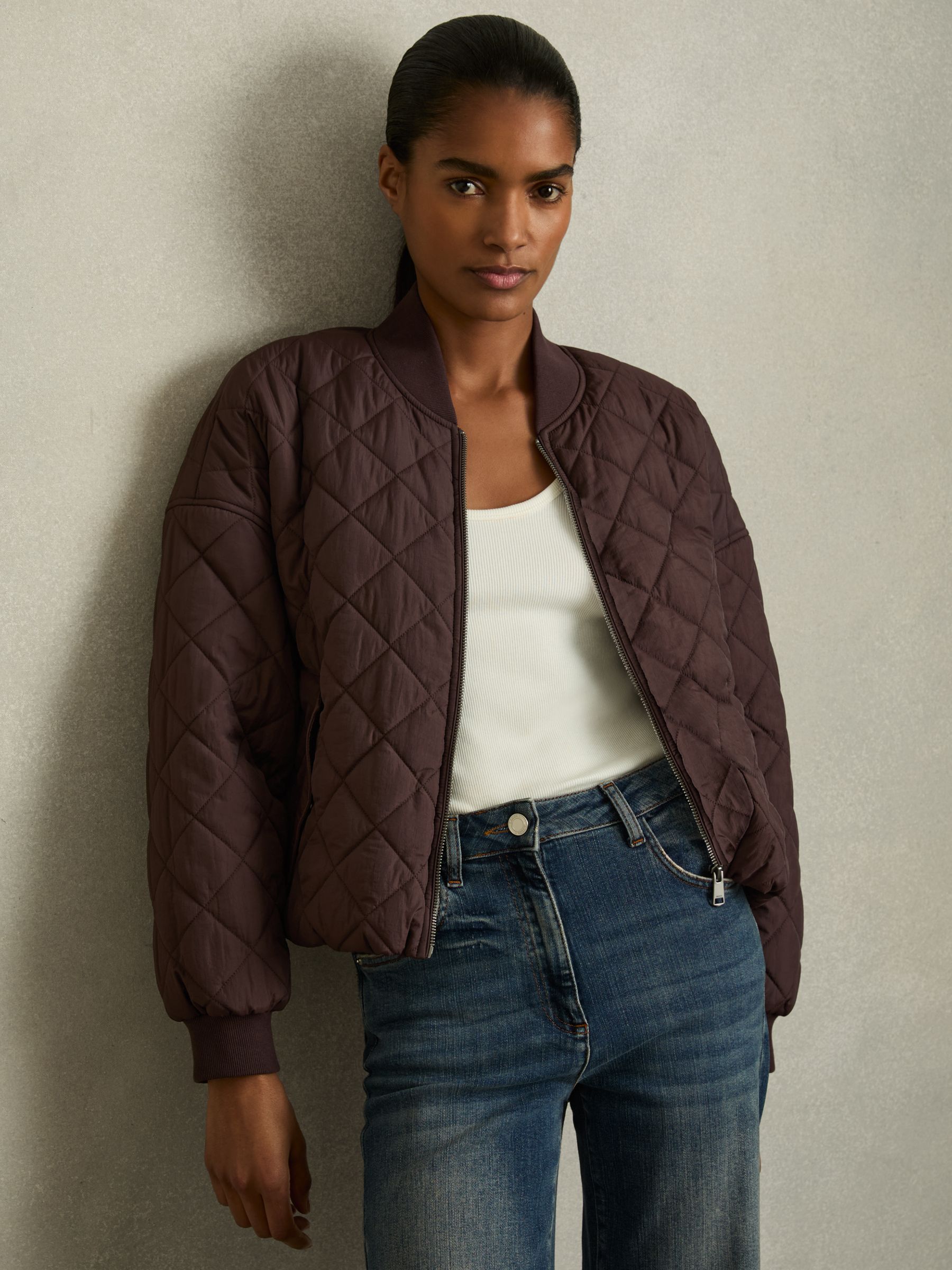 Quilted Printed Bomber Jacket in Burgundy