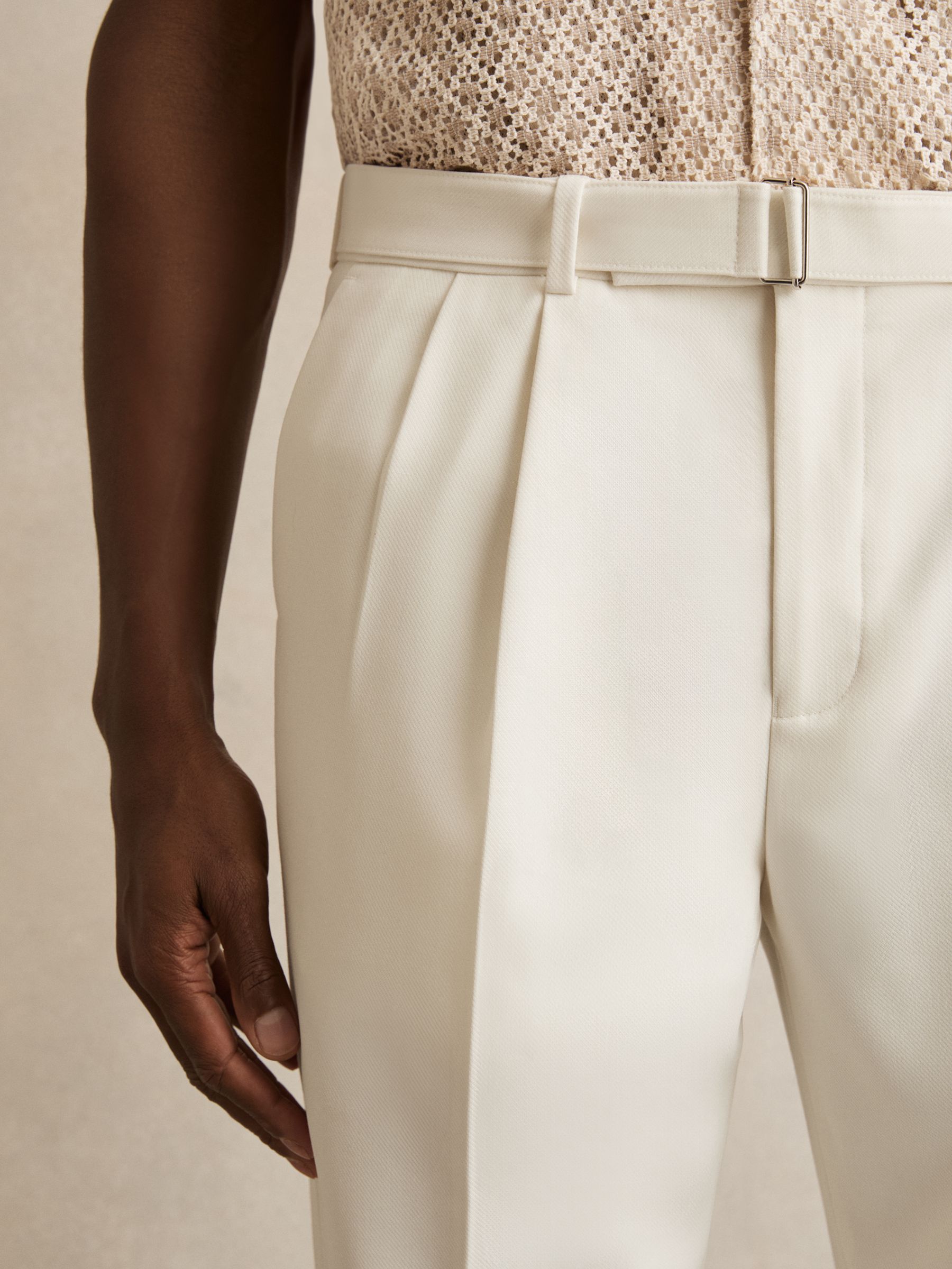 Wool-Blend Belted Trousers in White