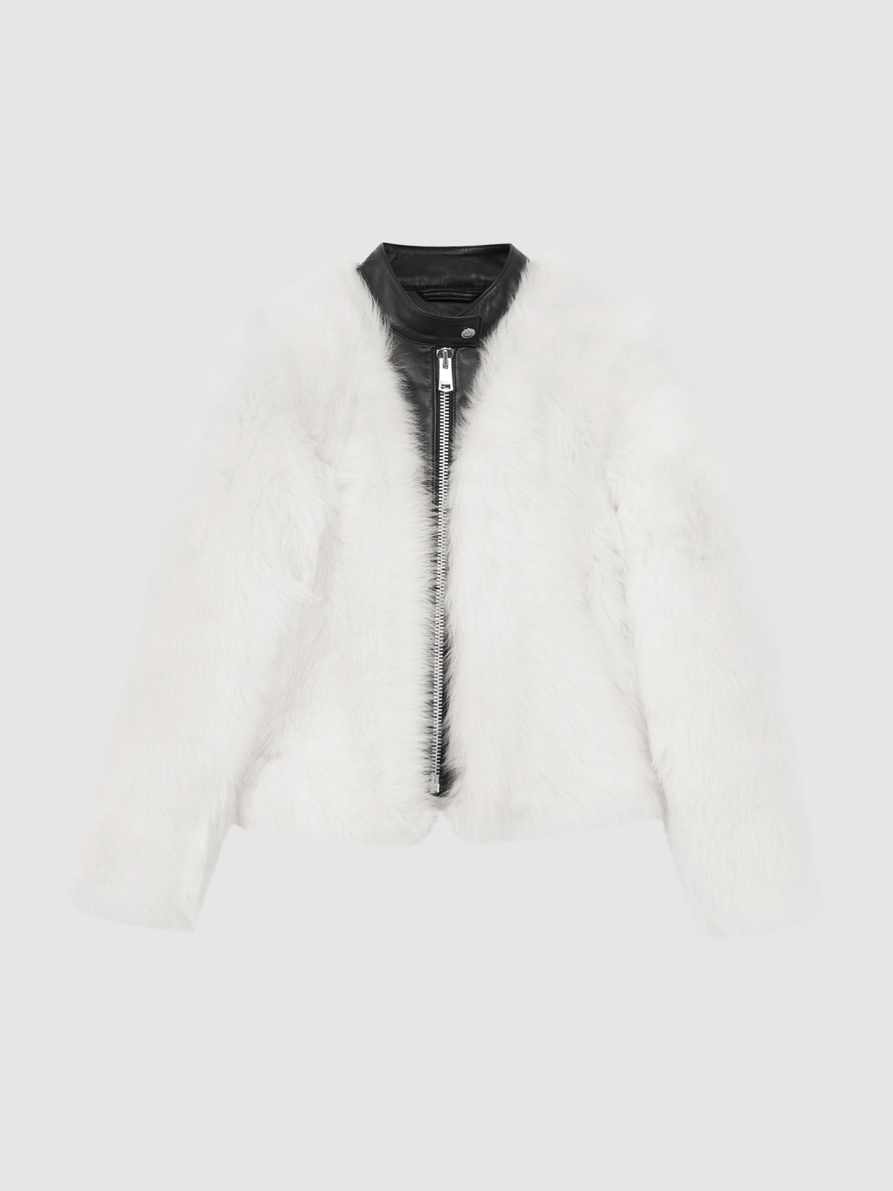 Leather-Shearling Zip-Through Jacket in Ivory/Black