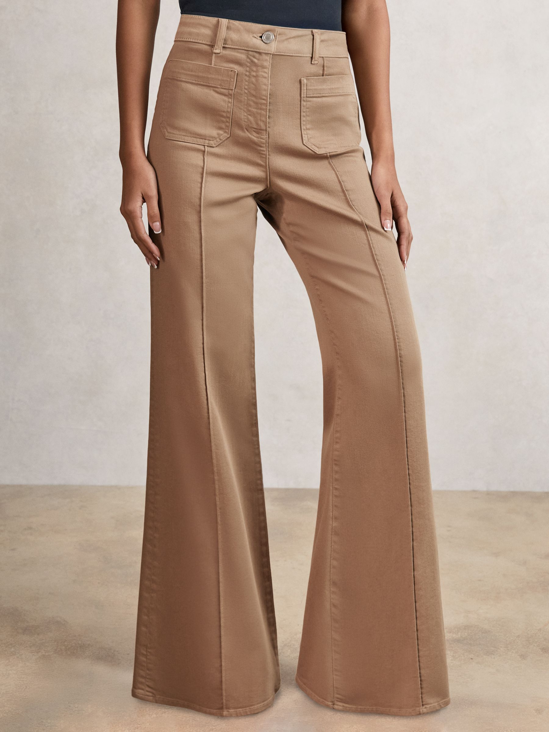 Petite Patch-Pocket Flared Jeans in Taupe Neutral