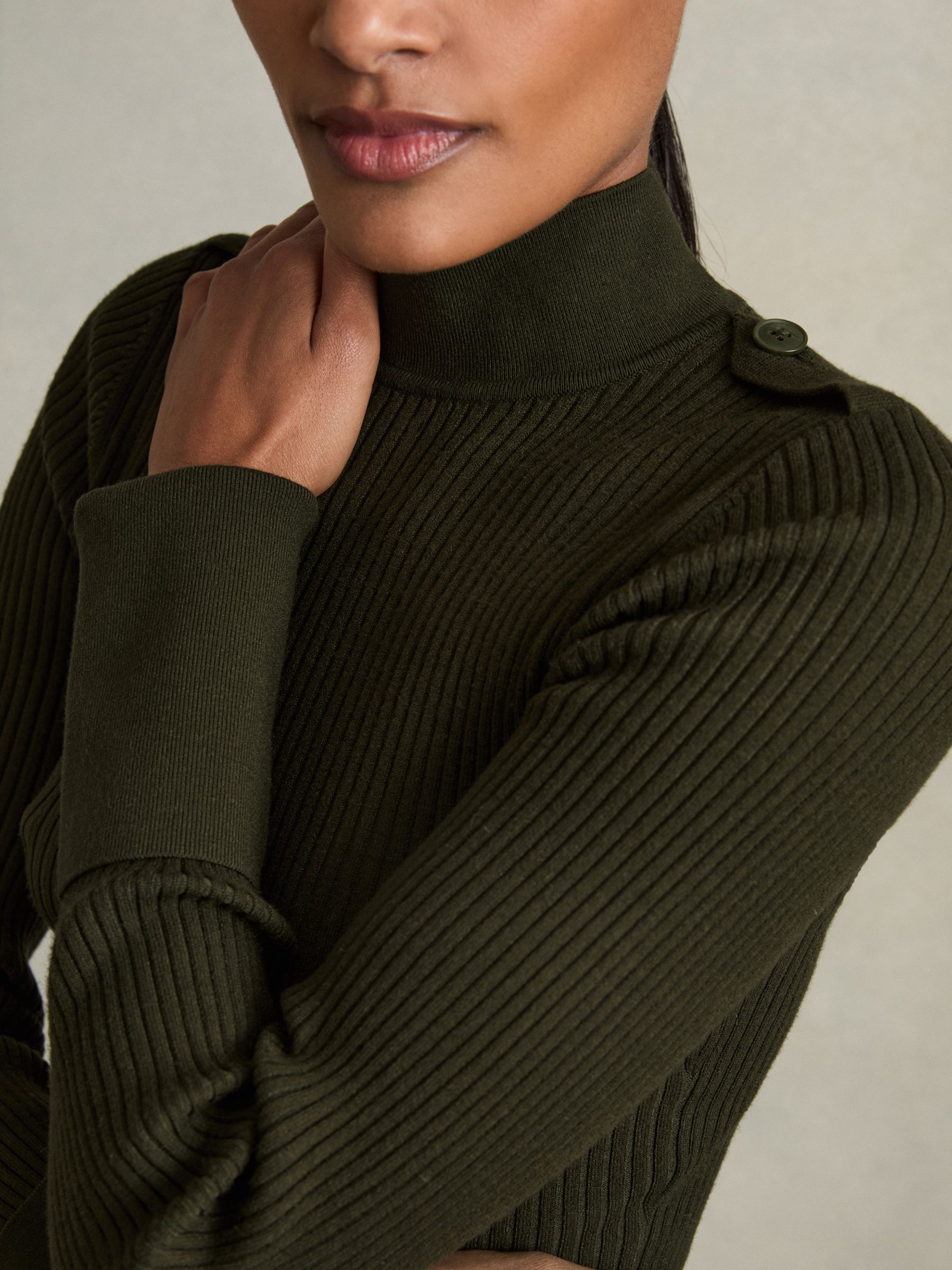 Rib-Knit High-Neck Top in Green